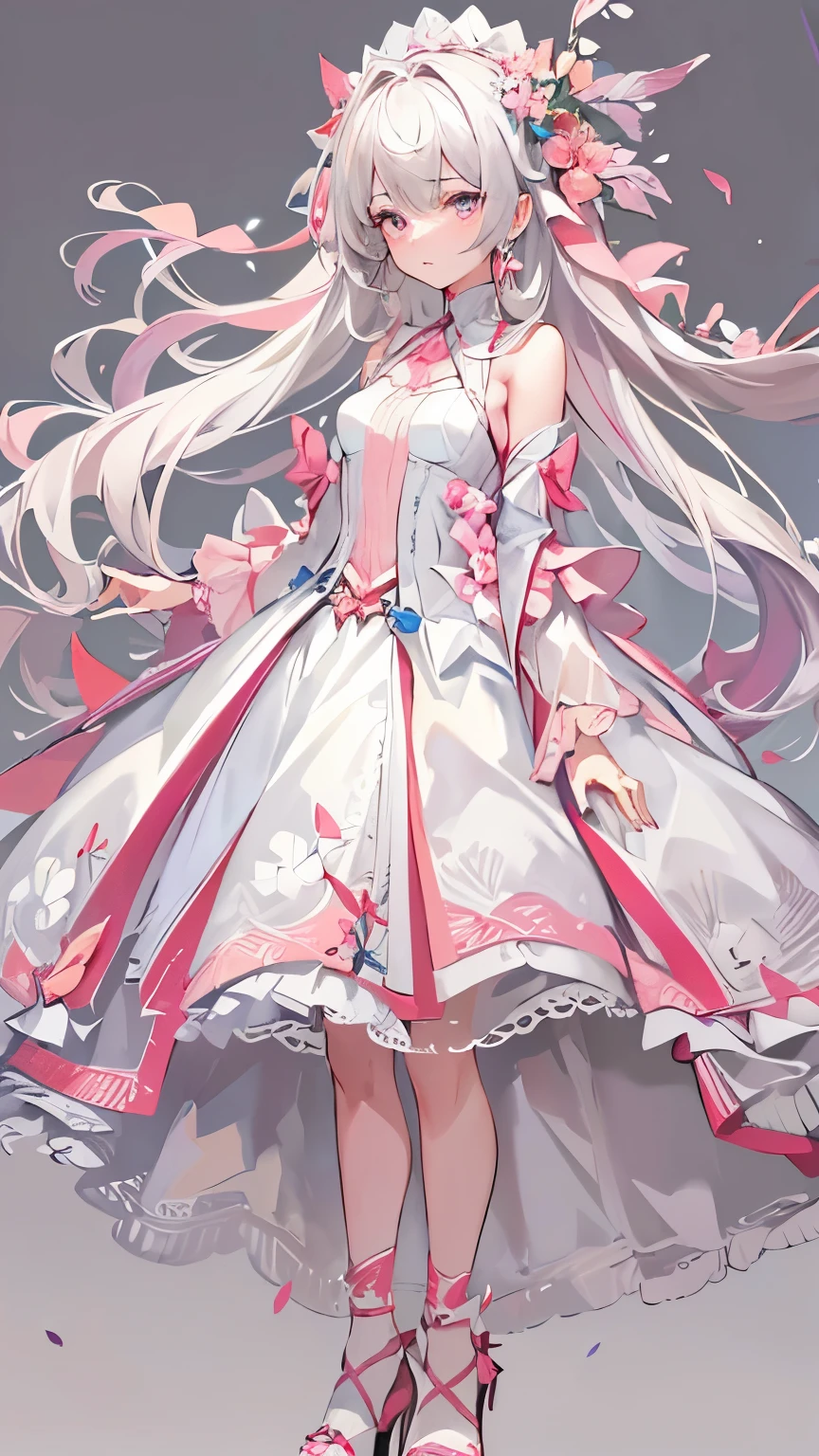 ((best quality)), ((masterpiece)), There are intricate patterns on the skirt，((actual)), (Character whole body), (((best quality, high quality))), ((((ultra high definition, high resolution))), (concept art), 1 girl, Standing whole body, clear facial features，Clean line design，Transparent Background，(masterpiece，top quality，best quality, clear facial features，beautiful眼睛，beautiful脸), beautiful, (((Simple and detailed))) (((White background))) 6 heads and half body, pink, Marshmallow, High heel,full body portrait，cool moves，Dynamic，Fluttering skirt，ribbon，long hair