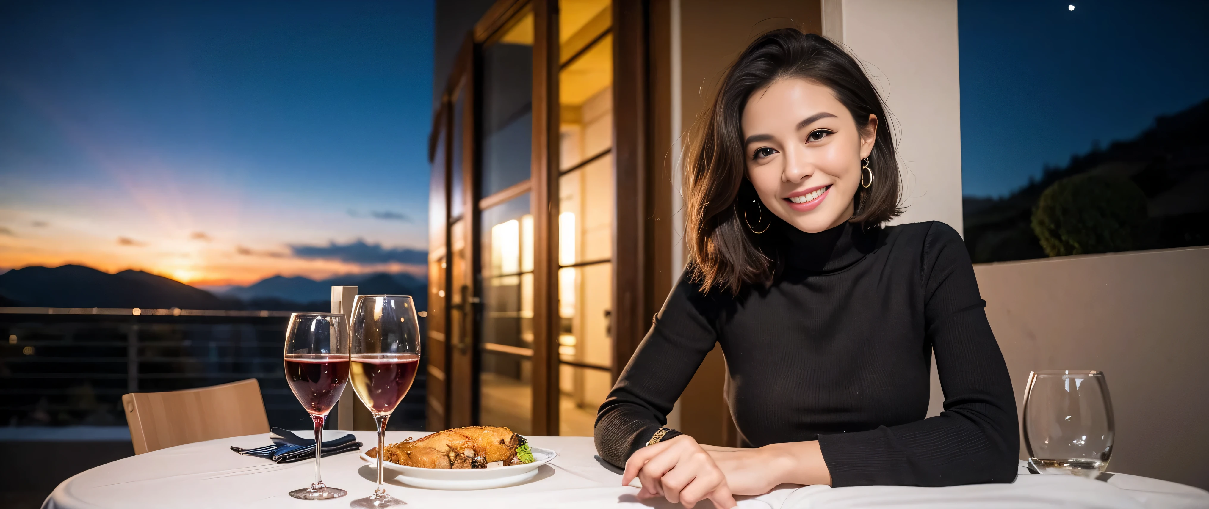 (including 64k、nffsw、highest quality、masterpiece:1.2)、(realistic、Photoreal:1.37)、Spectacular view of the sunset sky and clouds、Amazing mountain views、wine glass、while enjoying wine、mature woman、two beautiful women、(slim face)、(because I&#39;thin)、（brown hair）、(shortcut)、Latino、smileのフランス人女性、happy italian girl、british woman、Americana、cheeks are a little red、(36 years old)、39 years old、red wine、窓の外には美しく緻密なnight景が広がります.........、restaurant、目立つ場所にあるwine glass、night、(from the waist up)、sit on top、date、(laughter:1.15)、thin and beautiful eyes、cashmere sweater、long sleeve dress、Japanese、(short hair:1.2)、Float NovaFrogStyle、、modeled、from the waist up、White wine、turned into slime、wine glass、超綺麗なnight景、wine glassを真ん中に置きます、smile、(8k、RAW photo、highest quality、masterpiece:1.2)、(realistic、Photoreal:1.37)、Super detailed、超A high resolution、2 females、see the beholder、beautiful and detailed face、laughter、narrow、(slim waist) :1.3)、knit shirt、Fine and beautiful skin、skin texture、floating hair、professional light needle breast、kind eyes