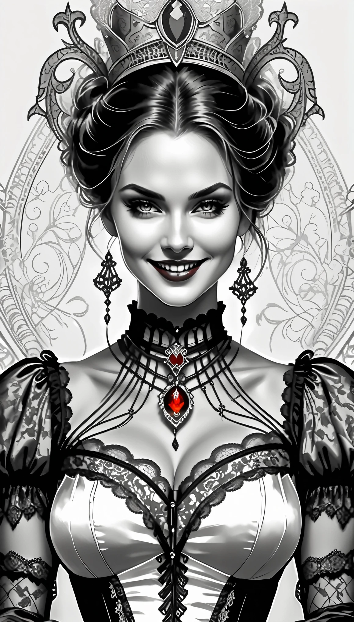 (Pencil_Sketch:1.2, messy lines, greyscale, traditional media, sketch),(best quality, 4k, 8k, highres, masterpiece:1.2), elegant vampire Asian lady, smiling face, crimson eyes, sharp fangs,Gorgeous silk clothing, family crest on chest, warm candlelight, gothic ambiance, intricate lace patterns, blending Baroque and Romantic styles