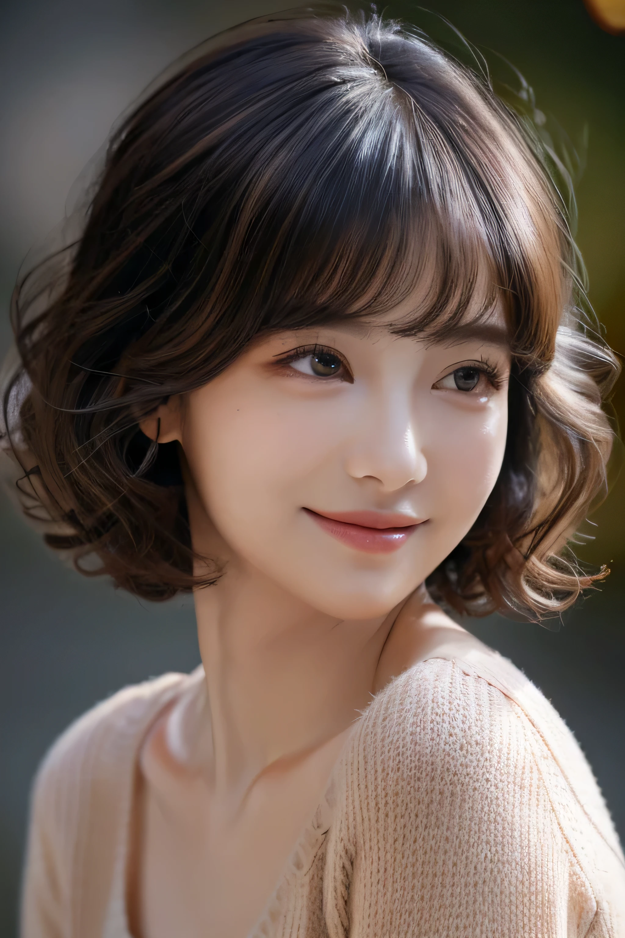 top quality、​Masterpiece、ultra high resolution、sharp focus，(realism:1.4)、((cafe background:1.6))、original photo、1 girl、shortcut、Branded hair with highlights、curls、Eyes and facial details、Black Sweater、Dynamic lighting、in the dark night、deep shadow、low profile、smile softly