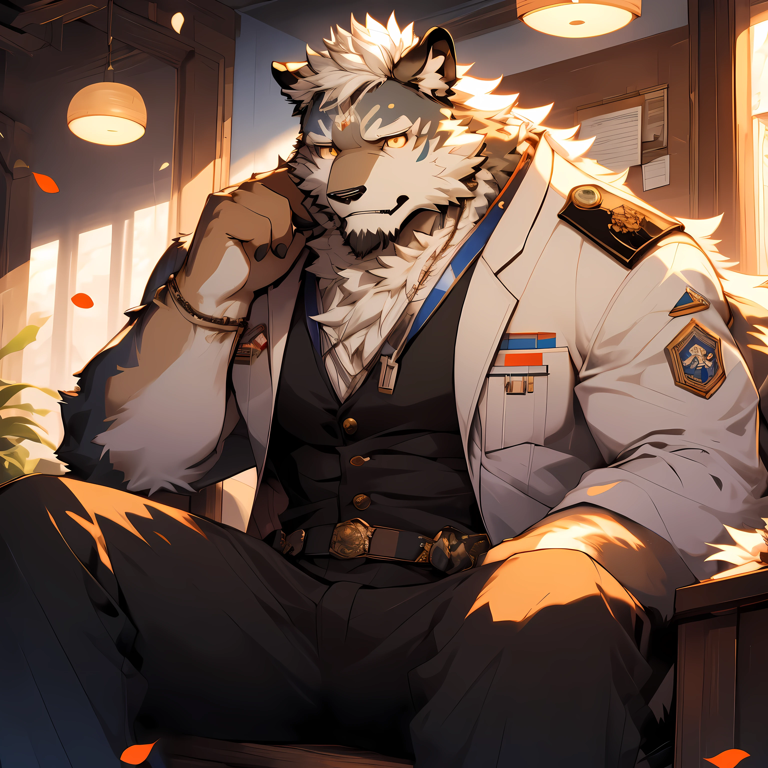 ((hairy)),Wolf,white hair,golden eye medic,white coat clothes,Hold the first aid kit,((humorous expression)),starry sky,green plants,bright moon,Xiangyun,Sit in the office,fallen leaves,flower,face close-up,for the audience,HD quality,16k,Detailed character description,Detailed description of role,