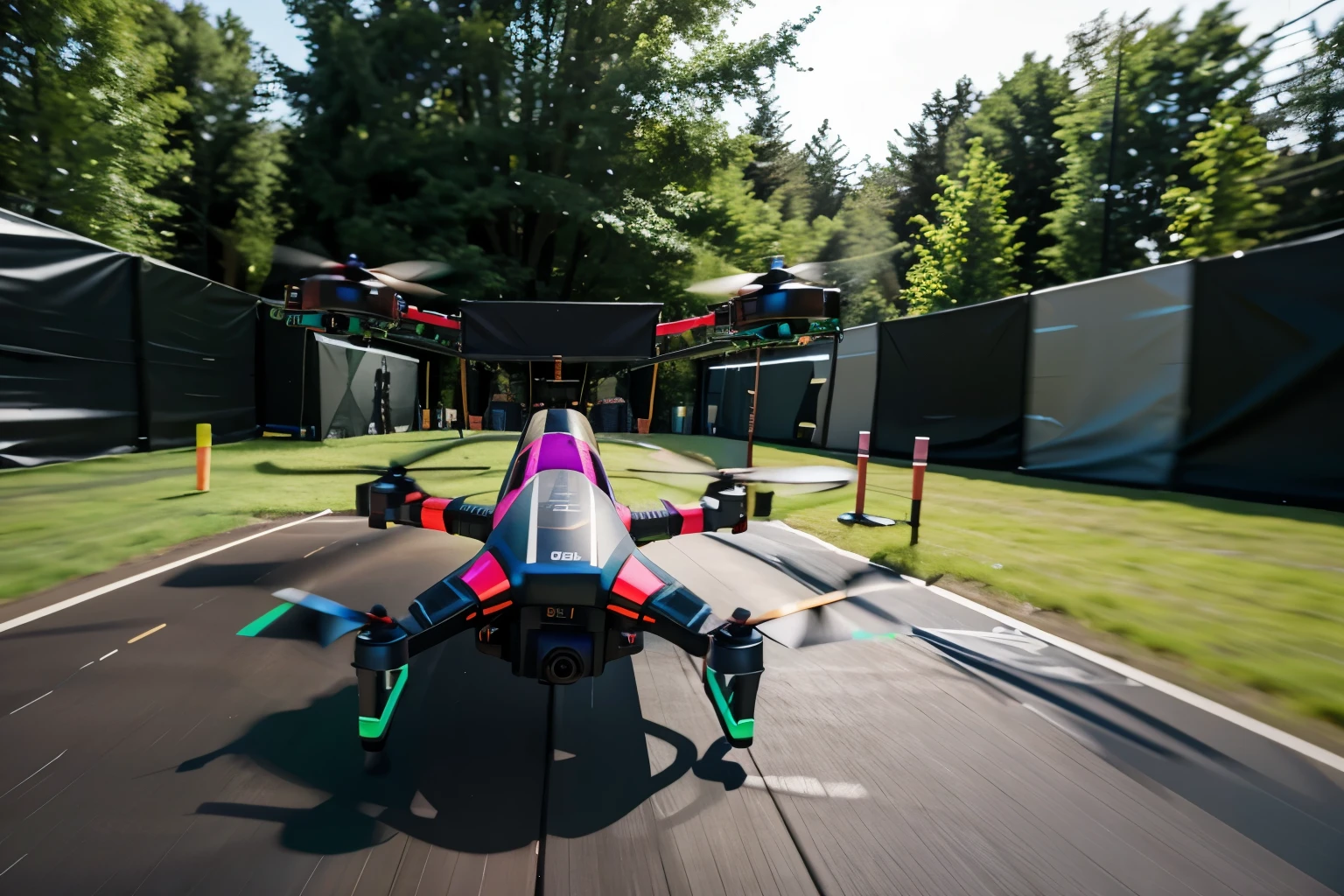 A high-speed photograph of a drone racing through an obstacle course, capturing the excitement of drone technology.