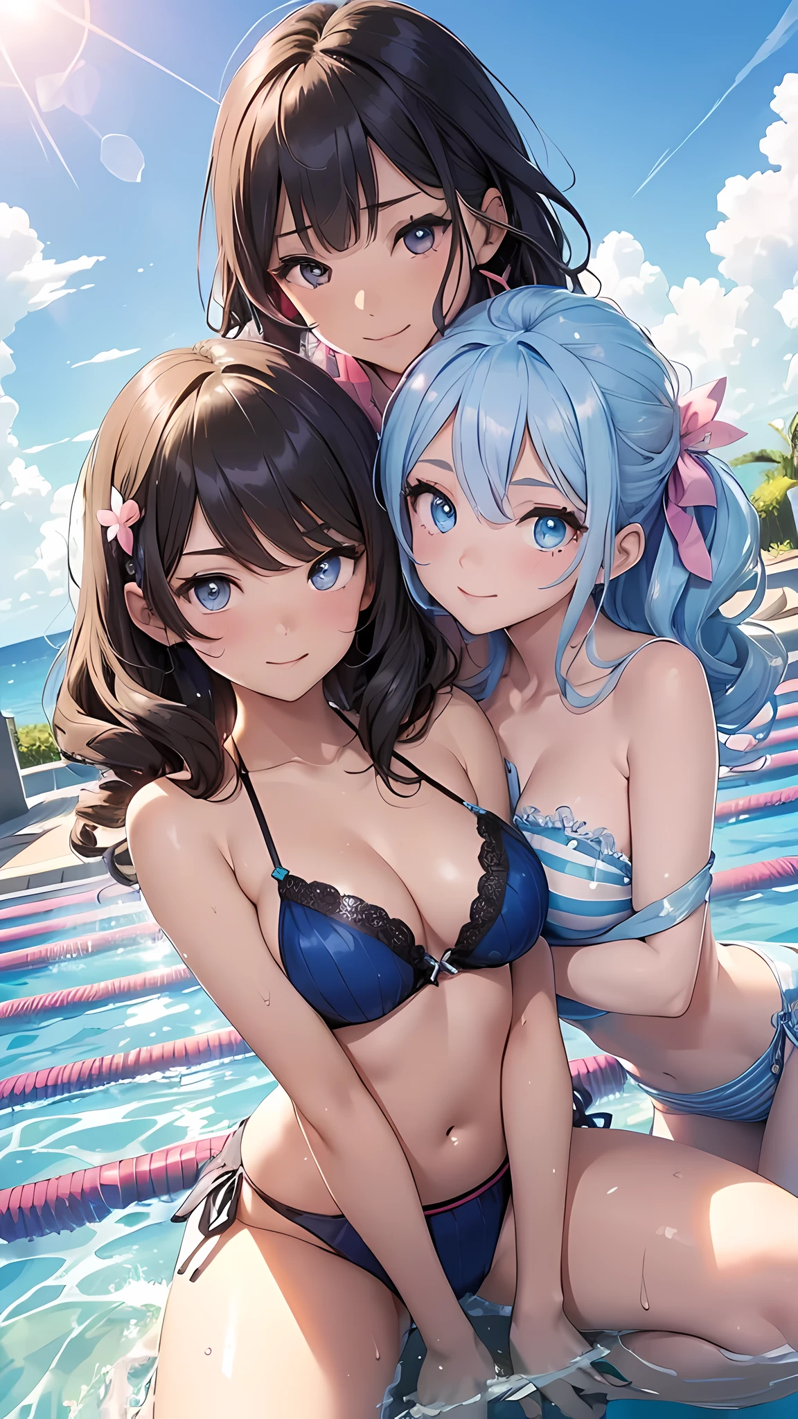 (Masterpiece), (high quality),(absurd-resolution),(ultra-detailed illustration),(((2girls enjoying in pool))),((group shot)),(young, lady,slender),(((ultra-detailed small face))),(black short hair, blue long hair, pink curly hair, silver curly hair , brown long pigtails),((ultra-detailed brilliant big eyes,ultra-intricate pupil in sky blue eyes)),((ultra-detailed radiant silky Stripe bikini with string sides)) ,((surprised smile, astonished smile,smile with wide opened mouth and eyes)),((focus on breasts)),((blushed)),((squatting)),(incline one's head, enjoying, talking each other), ((rolled up with pink string ribbons)),BREAK,((blue sky, sunshine lighting on face)),((splashed water)),(lens flare),(azure, crystal,bright shimmering, endless ocean),(lens flare),((strong wind)),(rainbow effect),((from below, from bottom)),((group shot)),((silky towel on thigh, heart marks, talking script)),(soaked in sea),((mesmerizing big eyes, large pupil, vibrant iris, intricate details)), ((sparkling reflection eyes)),