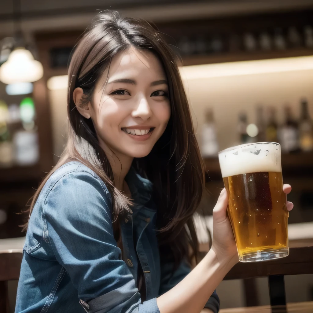 A woman holding a beer and looking at me with a smile