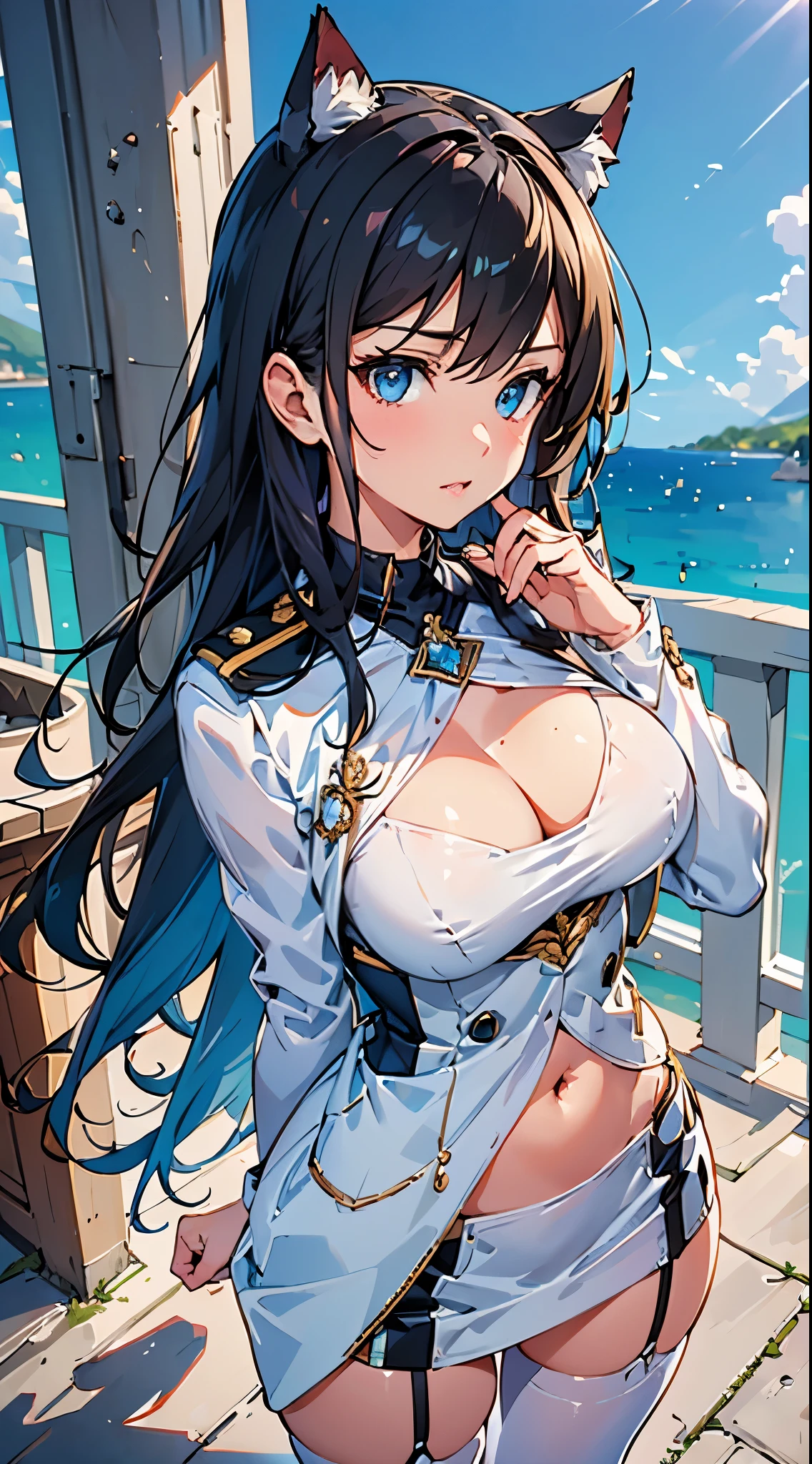 (masterpiece, best quality, RAW photo, intricate details) portrait, head and shoulders, 1girl / Atago / medium dark hair, blues eyes, cat ears, large breasts, cleavage, curvaceous body, (wearing white admirals uniform:1.5, wearing white skirt:1.3, stockings:1.2), voluptuous, seaport background, blue sky, Azur lane, catgirl, admiralty, medals, academy, military, marine, MILF