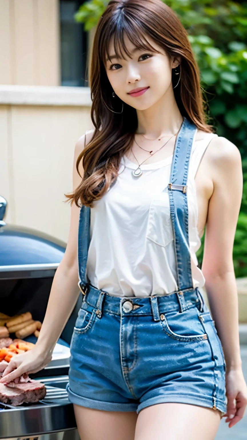 (((perfect anatomy))),On a sunny day, have a charcoal barbecue with like-minded friends on a wide and beautiful riverbank.,A 20-year-old idol waiting for chopsticks and plates that look great with her necklace and earrings.,Casual style with T-shirt, overalls and sneakers,(((It's cute how she raises one leg and turns around))),The aroma of delicious-looking skewered meat on the iron plate is irresistible.,best image quality,professional angle of view,excellent details,ultra high resolution,realistic:1.4),high detail,focus on details,High concentration of 1girls,beautiful chestnut hair,Beautiful face with a delicate and high nose,Long limbs and slim waist like a model,White sneakers look great on your beautiful ankles,white skin is dazzling,