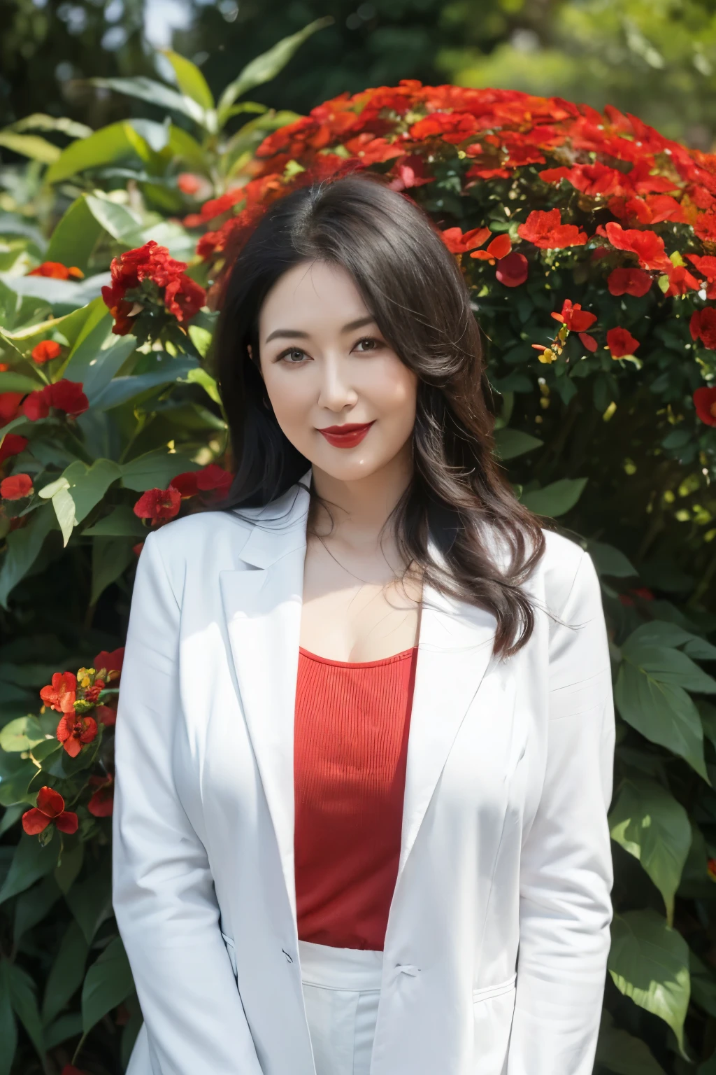 ((top quality、8k、masterpiece:1.3))、sharp focus, High level of image quality, high resolution，,Red crew neck shirt，white blazer，black jeans，37-year-old woman with long wavy hair，Mature，charming smile，Draw lips correctly, red lipstick，stand，Chubby body，Big breasts，big breasts，garden background，full-body shot