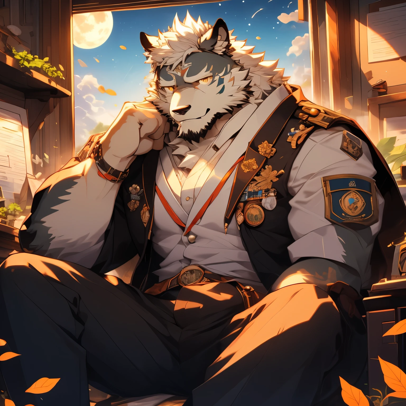 ((hairy)),Wolf,white hair,Golden Eyes Military Doctor,white coat clothes,Hold the first aid kit,((humorous expression)),starry sky,green plants,bright moon,Xiangyun,sitting in office,fallen leaves,flower,face close-up,for the audience,HD quality,16k,Detailed character description,Detailed description of the character,