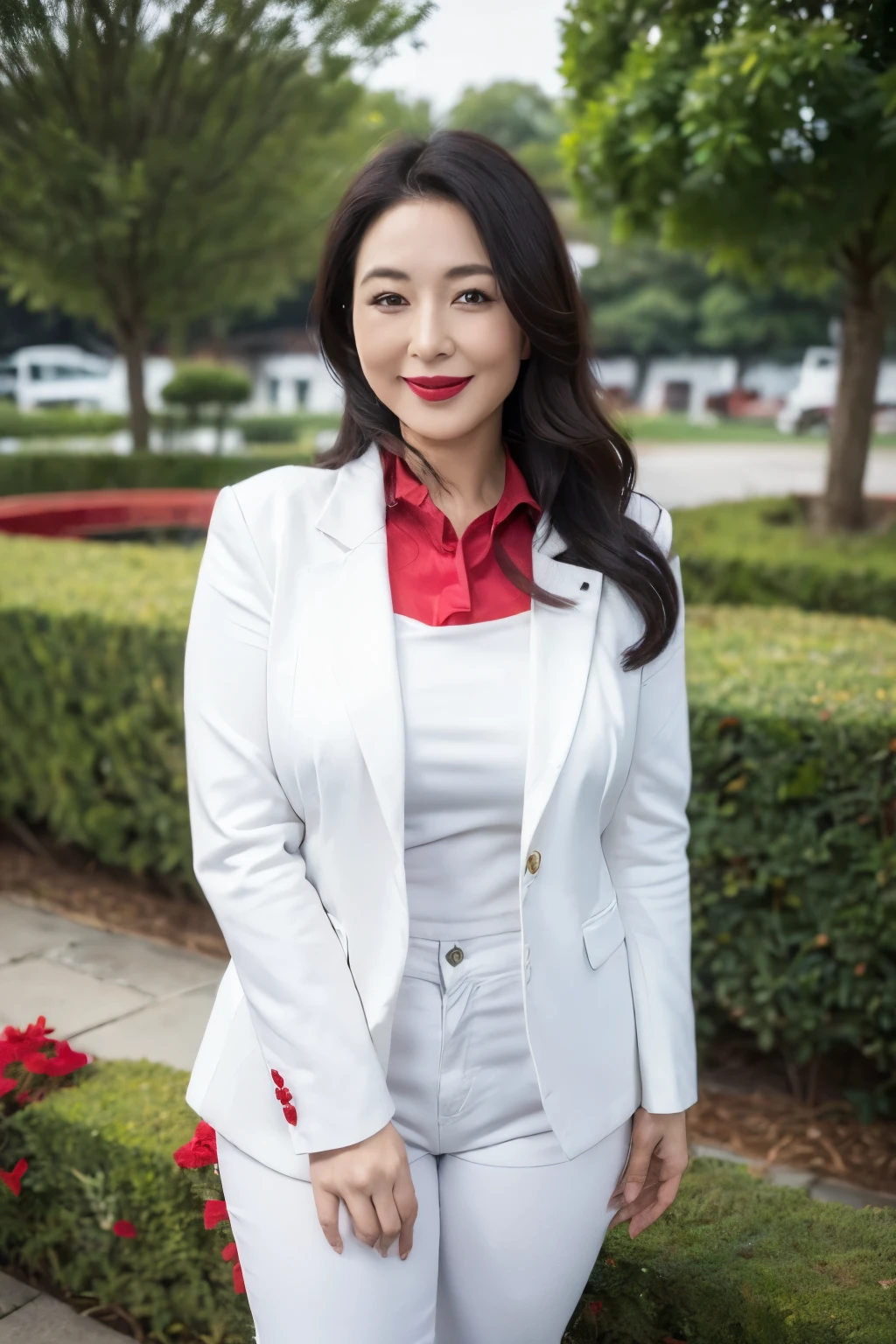 ((top quality、8k、masterpiece:1.3))、sharp focus, High level of image quality, high resolution，,Red crew neck shirt，white blazer，black jeans，37-year-old woman with long wavy hair，Mature，charming smile，Draw lips correctly, red lipstick，stand，Chubby body，Big breasts，big breasts，garden background，full-body shot