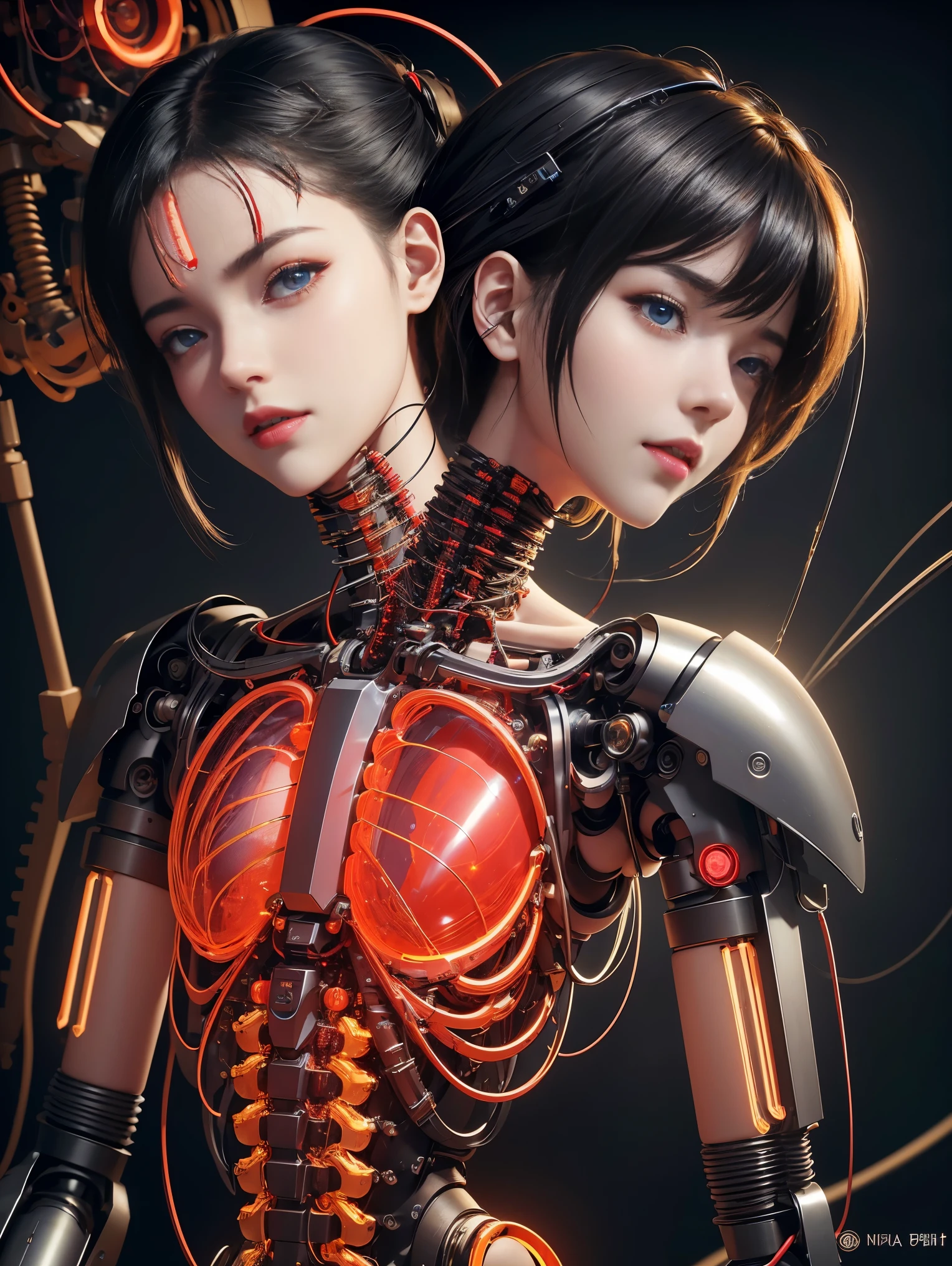 high quality，masterpiece，ultra high resolution，((1.4x more realism)，original photo，black hair，Glowing skin，1 mechanical girl，(hyperrealistic details)，global illumination，shadow，octane rendering，8K，Super sharp，Metal，intricate decorative details，egyptian details，very intricate details，realistic light，CGSoation trends，facing the camera，Neon details，mechanical limbs，The blood vessels that connect the tubes，Mechanical vertebrae attached to the back，Mechanical Cervical Neck Attachment，Wires and cables to the head，Neon Genesis Evangelion，Small glowing LED lamp