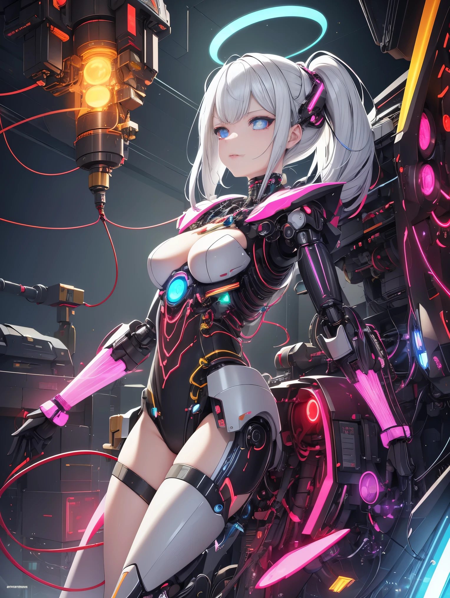 (masterpiece，best quality:1.2)，futuristic，mechanical girl，High-tech machinery，Dreamy brilliance，female figure，Superb craftsmanship，masterpiece，glow，neon lights，High-tech machinery零件，Mechanical fingers，mechanical wings，Mechanical head，Cool look，Mechanical legs，bionic eyes，生动glow的眼睛，facing the camera，neon lights细节，(Blood vessels attached to the tube)，(A mechanical vertebrae attached to the back)，(A mechanical cervical vertebrae attached to the neck)，Dreamy light，rainbow colors，反光Metal表面，Interlocking mechanical gears，Dynamic and stylish，motion blur effect，Sci-fi atmosphere，Aerodynamic streamlined shape，Laser scanning pattern，Holographic projection，glow电路线，electric spark，shiny chrome，global illumination，shadow，octane rendering，8k，Super sharp，Metal，complex，decorative details，高度complex细节，Realistic light，CG social trends