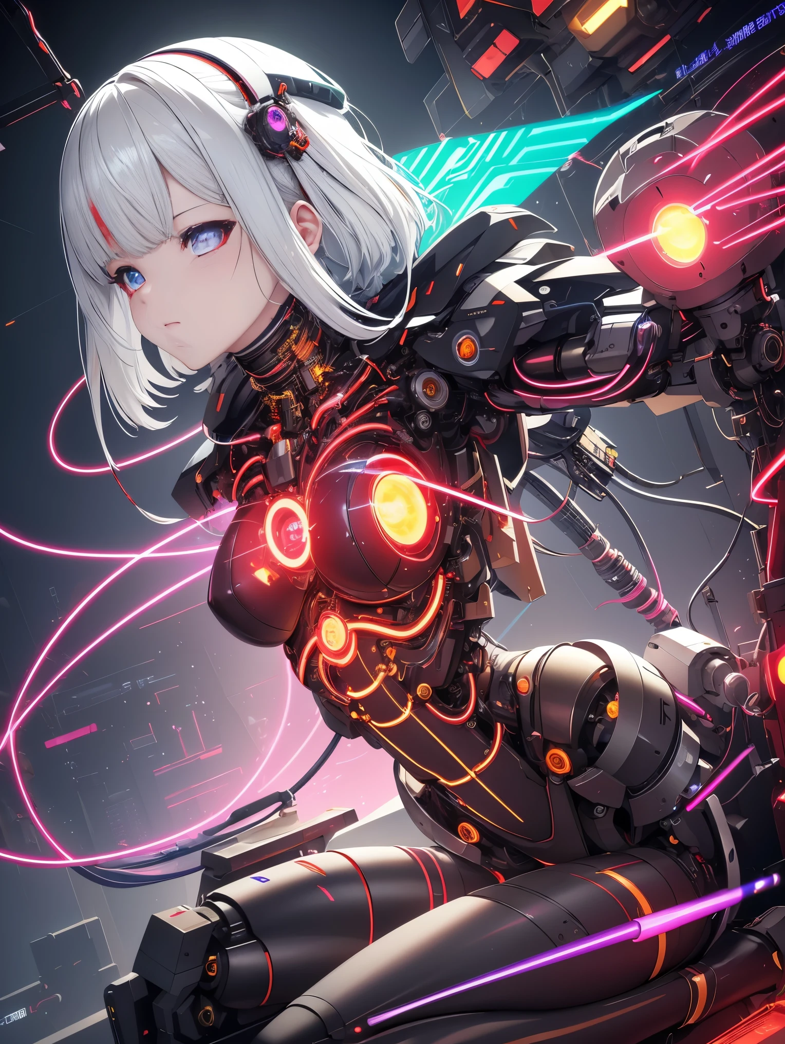 (masterpiece，best quality:1.2)，futuristic，mechanical girl，High-tech machinery，Dreamy brilliance，female figure，Superb craftsmanship，masterpiece，glow，neon lights，High-tech machinery零件，Mechanical fingers，mechanical wings，Mechanical head，Cool look，Mechanical legs，bionic eyes，生动glow的眼睛，facing the camera，neon lights细节，(Blood vessels attached to the tube)，(A mechanical vertebrae attached to the back)，(A mechanical cervical vertebrae attached to the neck)，Dreamy light，rainbow colors，反光Metal表面，Interlocking mechanical gears，Dynamic and stylish，motion blur effect，Sci-fi atmosphere，Aerodynamic streamlined shape，Laser scanning pattern，Holographic projection，glow电路线，electric spark，shiny chrome，global illumination，shadow，octane rendering，8k，Super sharp，Metal，complex，decorative details，高度complex细节，Realistic light，CG social trends