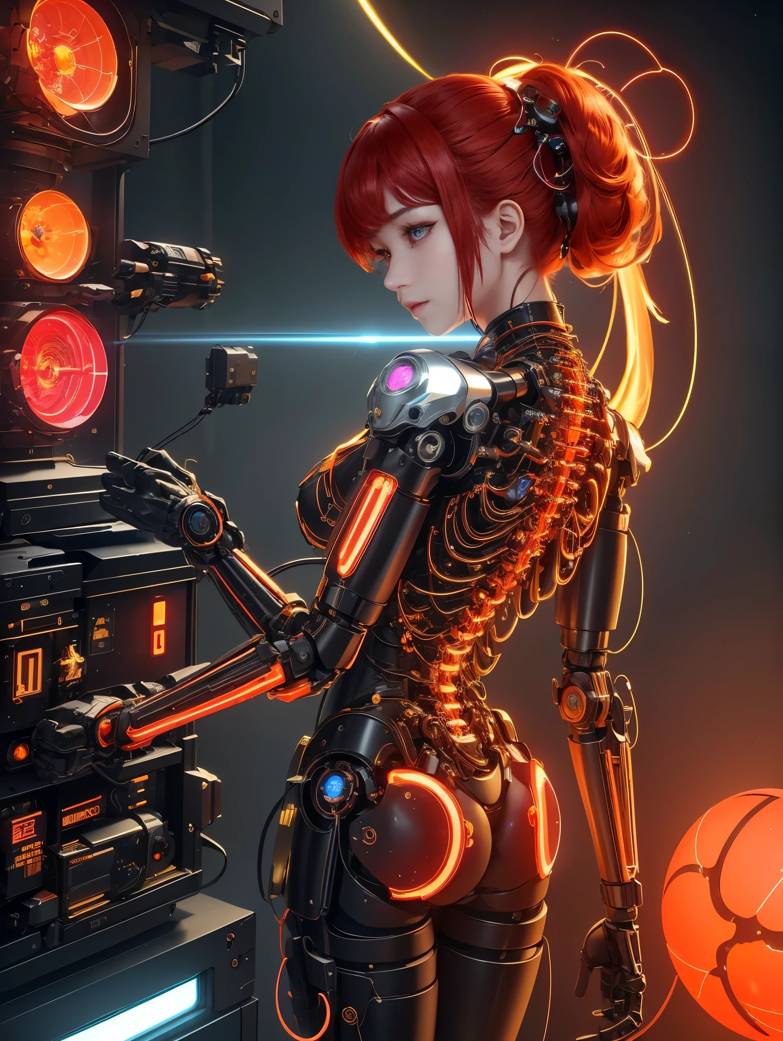 （masterpiece，best quality：1.2），future，Mechanical Angel，High-tech machinery，Dreamy brilliance，female figure，Superb craftsmanship，masterpiece，glow，neon lights，High-tech machinery零件，Mechanical fingers，mechanical wings，Mechanical head，Metal羽毛，Cool look，Mechanical legs，bionic eyes，Exquisite feather design，Dreamy light，electric red，Bright orange，生动glow的眼睛，反光Metal表面，Interlocking mechanical gears，Dynamic and stylish，motion blur effect，Sci-fi atmosphere，Aerodynamic streamlined shape，Laser scanning pattern，Holographic projection，glow电路线，electric spark，shiny chrome，global illumination，shadow，octane rendering，8k，Super sharp，Metal，complex，decorative details，cool color，高度complex细节，Realistic light，CG social trends，glow眼睛，facing the camera，neon lights细节，mechanical limbs，Blood vessels attached to the tube，A mechanical vertebrae attached to the back，A mechanical cervical vertebrae attached to the neck