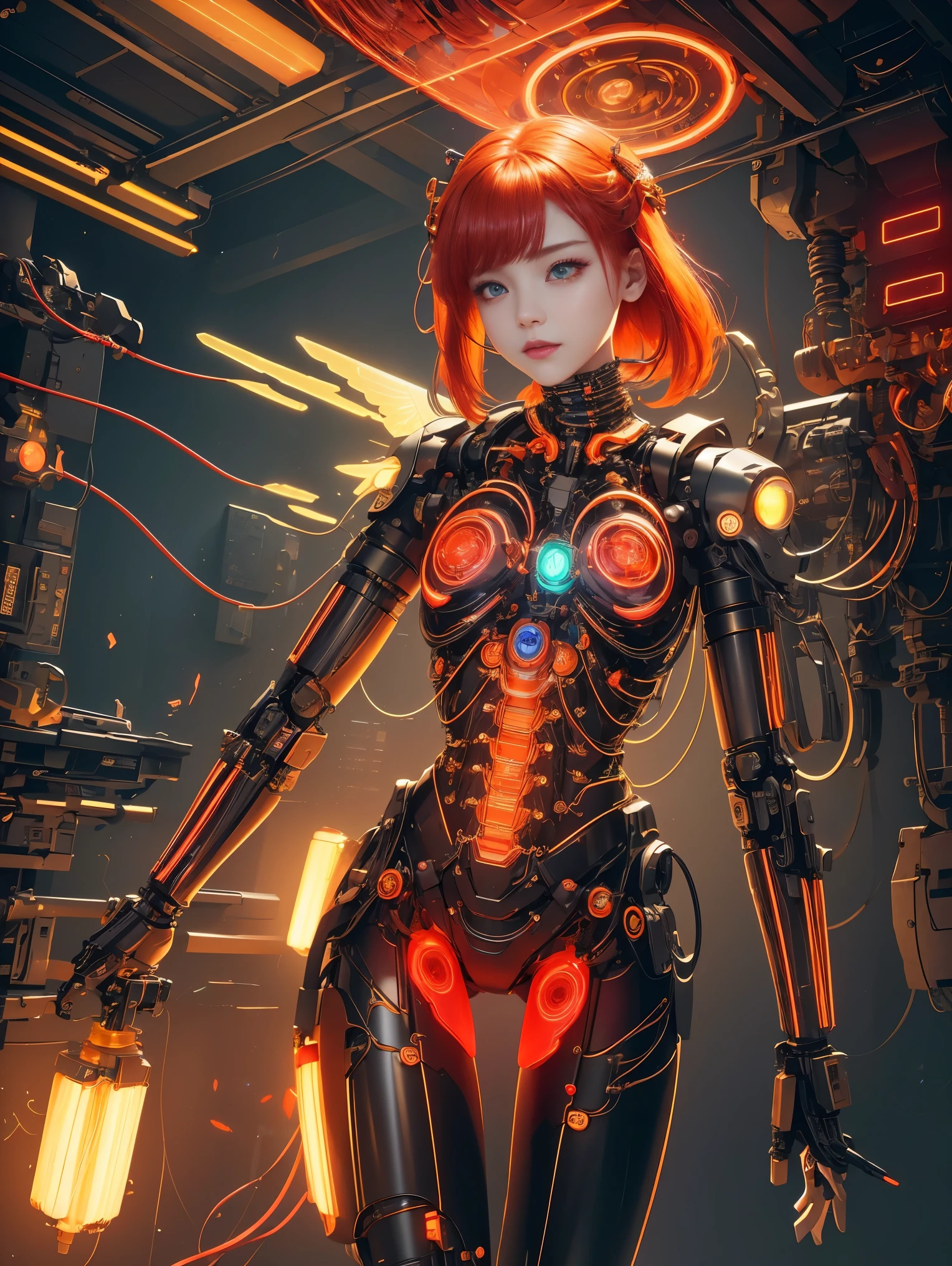 （masterpiece，best quality：1.2），future，Mechanical Angel，High-tech machinery，Dreamy brilliance，female figure，Superb craftsmanship，masterpiece，glow，neon lights，High-tech machinery零件，Mechanical fingers，mechanical wings，Mechanical head，Metal羽毛，Cool look，Mechanical legs，bionic eyes，Exquisite feather design，Dreamy light，electric red，Bright orange，生动glow的眼睛，反光Metal表面，Interlocking mechanical gears，Dynamic and stylish，motion blur effect，Sci-fi atmosphere，Aerodynamic streamlined shape，Laser scanning pattern，Holographic projection，glow电路线，electric spark，shiny chrome，global illumination，shadow，octane rendering，8k，Super sharp，Metal，complex，decorative details，cool color，高度complex细节，Realistic light，CG social trends，glow眼睛，facing the camera，neon lights细节，mechanical limbs，Blood vessels attached to the tube，A mechanical vertebrae attached to the back，A mechanical cervical vertebrae attached to the neck