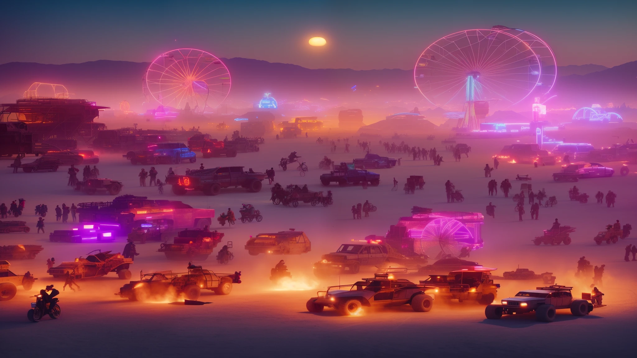 Desert ruined vehicle and people with ferris wheel and lights々, burning man nevada, Written by Mike Winkelman, burning man, Artem Demra Beeple, Beeple and Tim Hildebrandt, inspired Written by Mike Winkelman, cinematic neon matte paint, Beeple and Mike Winkelman, beeple and jean giraud