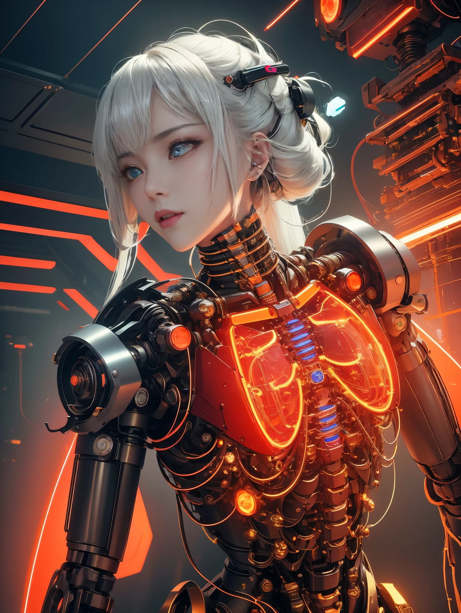 （masterpiece，best quality：1.2），future，Mechanical Angel，High-tech machinery，Dreamy brilliance，female figure，Superb craftsmanship，masterpiece，glow，neon lights，High-tech machinery零件，Mechanical fingers，mechanical wings，Mechanical head，Metal羽毛，Cool look，Mechanical legs，bionic eyes，Exquisite feather design，Dreamy light，electric red，Bright orange，生动glow的眼睛，反光Metal表面，Interlocking mechanical gears，Dynamic and stylish，motion blur effect，Sci-fi atmosphere，Aerodynamic streamlined shape，Laser scanning pattern，Holographic projection，glow电路线，electric spark，shiny chrome，global illumination，shadow，octane rendering，8k，Super sharp，Metal，complex，decorative details，cool color，高度complex细节，Realistic light，CG social trends，glow眼睛，facing the camera，neon lights细节，mechanical limbs，Blood vessels attached to the tube，A mechanical vertebrae attached to the back，A mechanical cervical vertebrae attached to the neck