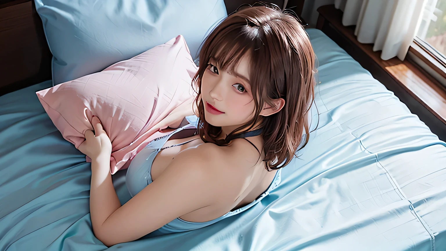 (Top image quality, 8K, masterpiece), top-quality, 超A high resolution,Japan Girl, 18year old、Wearing multi-colored underwear、Detailed details, on the beds、sitting and spreading her legs、 kawaii faces, Melancholy look, 二重まぶた、huge-breasted、Light hair color、long、straight haired、Window with night view on background、电影灯光, Photorealsitic, real looking skin, nffsw,