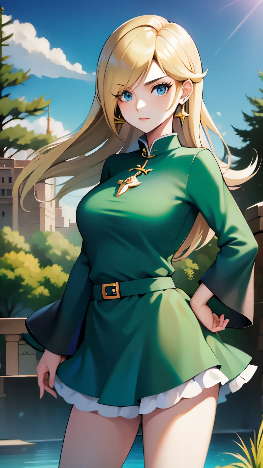 (obra de arte), melhor qualidade, olhos expressivos, rosto perfeito, high resolution, (corpo feminino:1.3),1 garota, Sozinho, garota do ootLink, tem, cabelo longo, Cabelo loiro, (green tunic), cinto, luvas sem dedos, botas, campo, Grama, Trees, Paisagem, depth of campo, sorridente, Standing, retrato da parte superior do corpo, olhando para o espectador, de frontal,