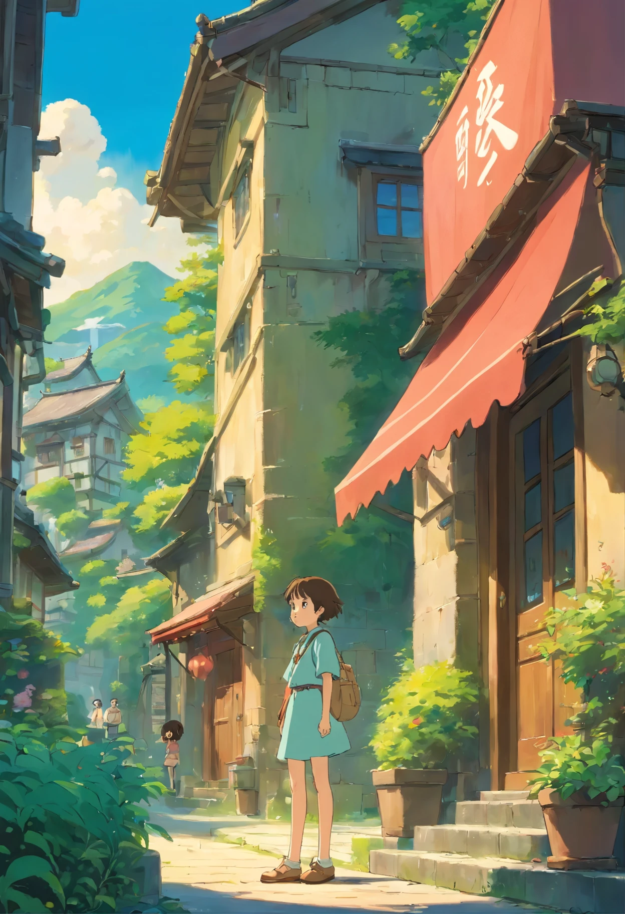 Studio ghibli anime style, An anime boy character standing in front of a building and looking at beautiful anime girl character from a distance and images containing japanese and nature material etc, boy looking a girl from a distance, romantic, distance