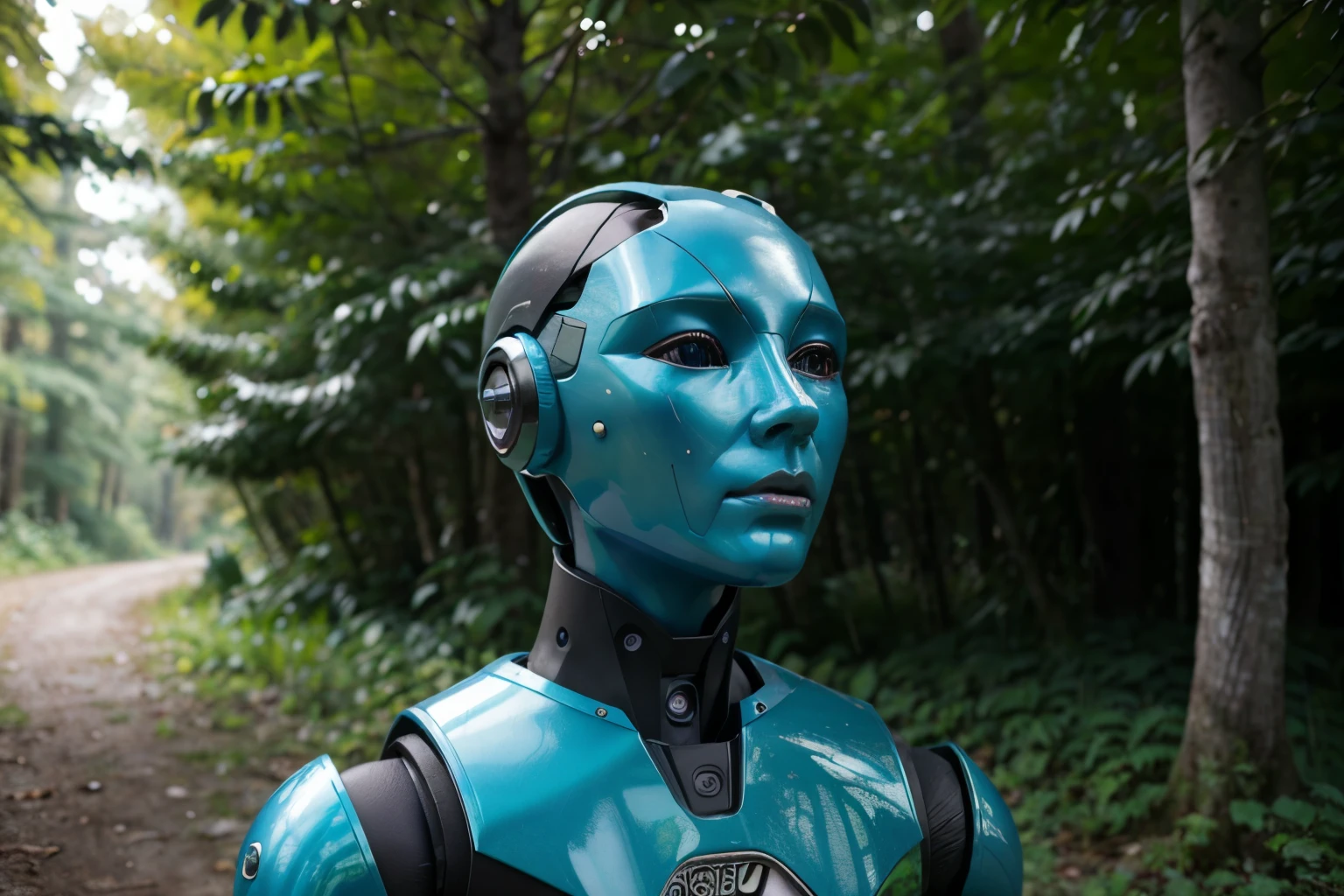 A surreal photograph of a humanoid robot in a natural setting, blurring the lines between technology and nature.