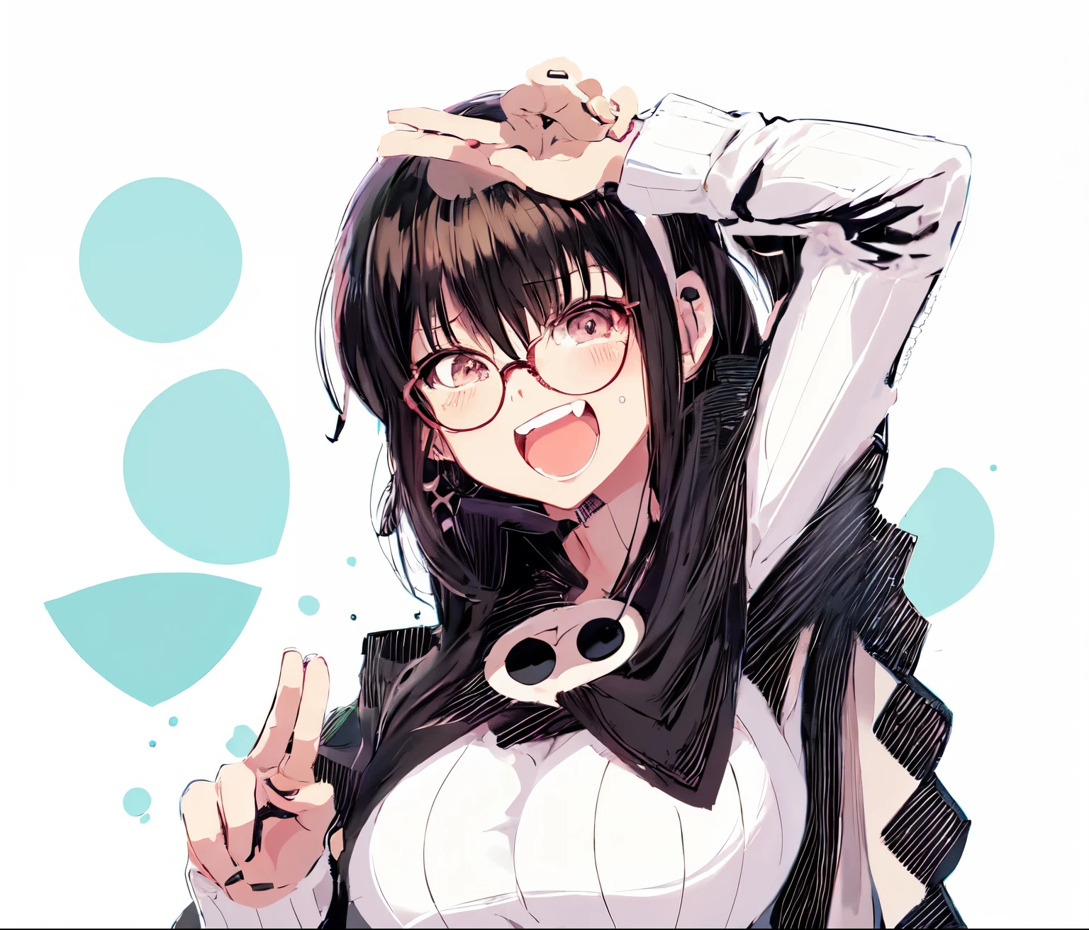 anime girl with glasses and a black and with index finger, black and hinata hyuga, akane owari danganronpa, anime moe artstyle, in manga style, junko enoshima, chiaki nanami from danganronpa, heavy gesture style closeup, rumiko, noire