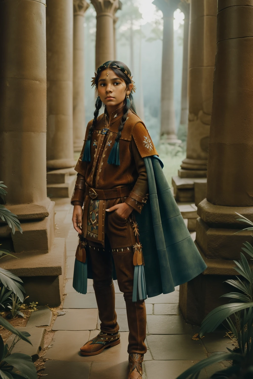 Fairytale Kingdom of Fantasia. ((((10-year-old)) Atreyu)), olive-green skin, athletic, brave, wise, in the Palace of Deep Mystery, Southern Oracle, a forest with columns and mosaics, ((awe expression)). ((((suede and leather indigenous clothings)))), ((bluish-black hairstyle))