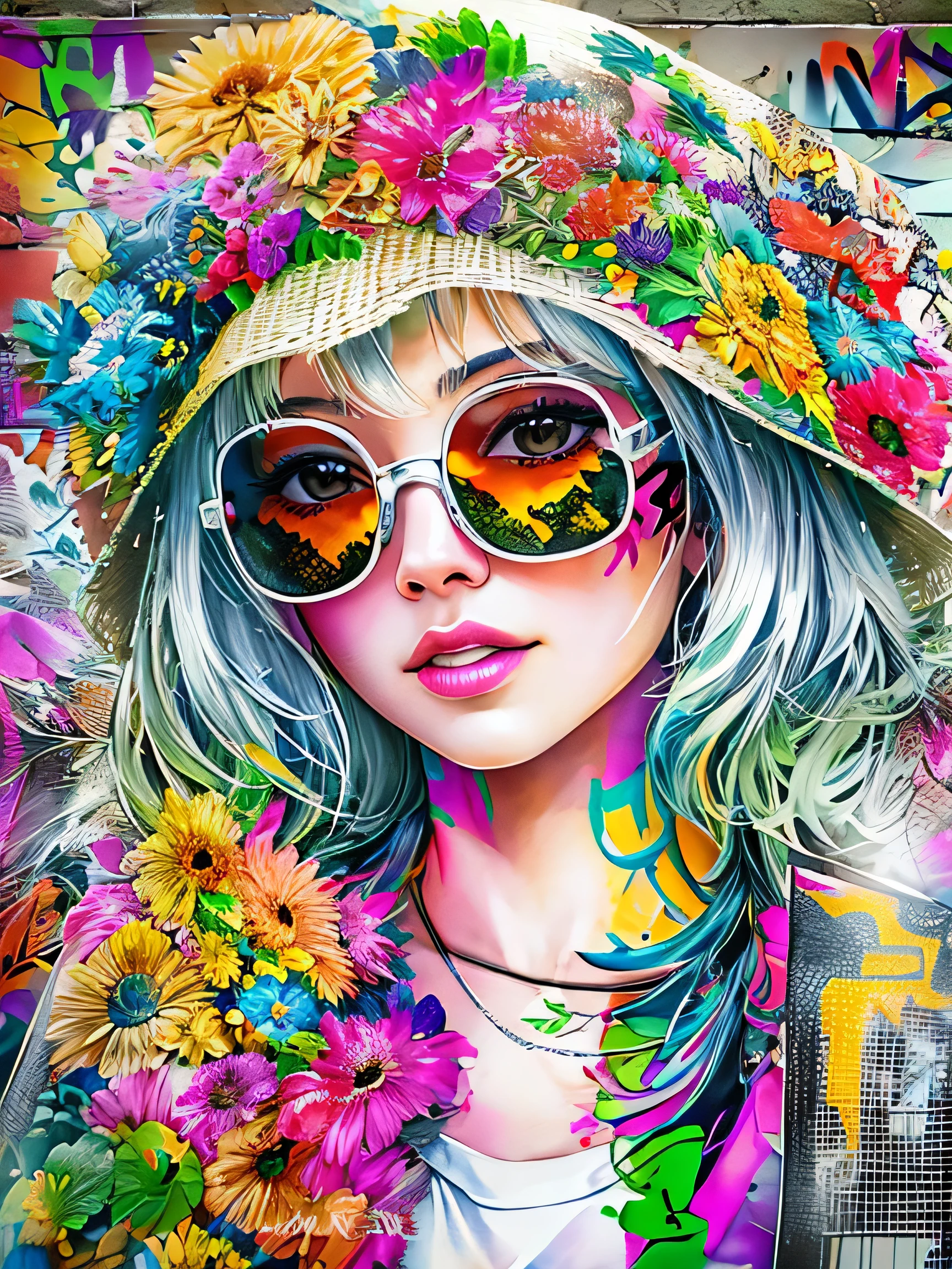 8K quality, watercolor painting, stylish design, (((The strongest beautiful girl of all time))), (((Japanese)))、Stylish sunglasses, Fashionable hats, (((highest quality))), bob hair, HDR, ((Detailed details)), skull fashion, detailed clothing texture, (((graffiti art))), colorful hair, ((masterpiece))、((Super detailed))、colorful flowers