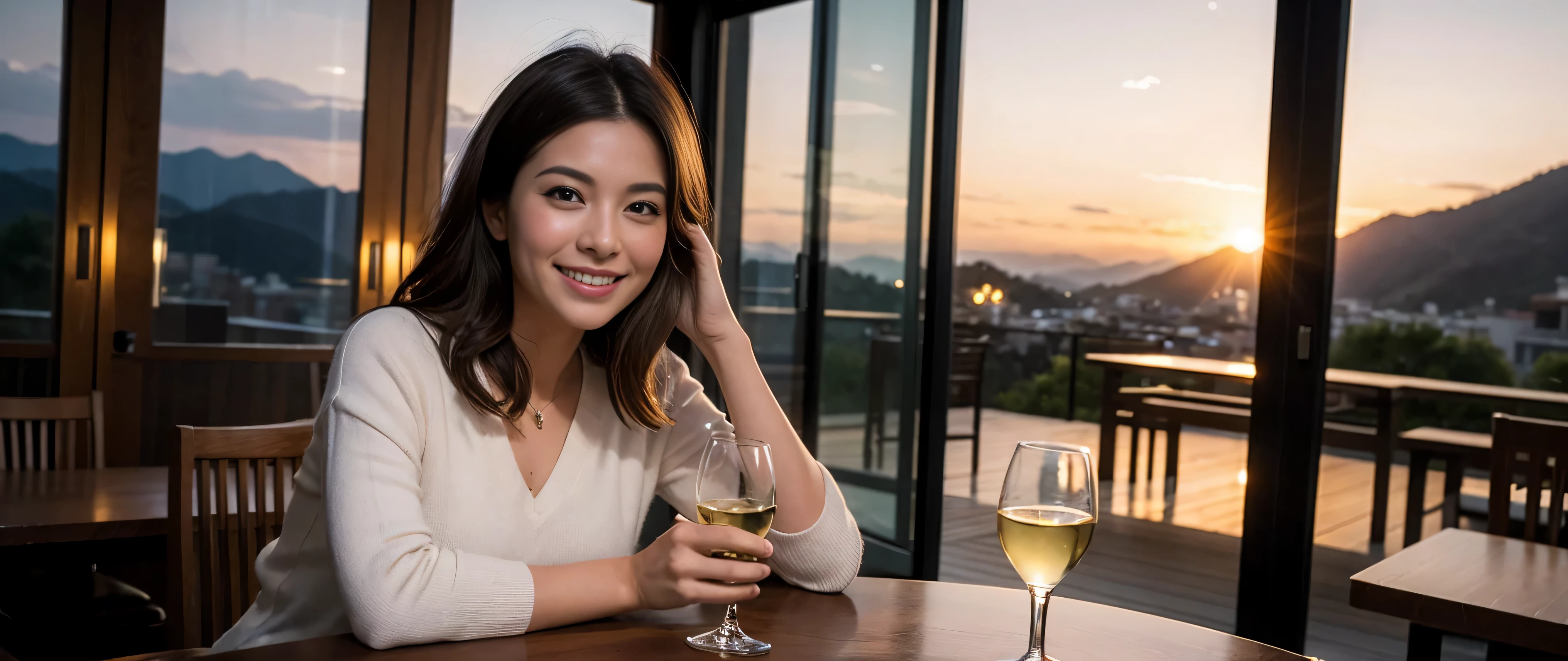 Contains k, nffsw, highest quality, table top: 1.2), (realistic, realistic: 1.37), Spectacular view of the sunset sky and clouds、Amazing mountain views、Colombian、Brazilian、Japanese、Dutch、American、French、Spanish、Italian、Indian、pretty woman 1, (slimフェイス), (because I&#39;thin), (brown hair), (shortcut), cheeks turn a little red, (40 years old), 38 years old, alone, 窓の外には美しく緻密なnight景が広がります...., restaurant, wine glassに座って, nightに, in a prominent place (from the Upper body) nova frog style, actress, model, Upper body, White wine, slim, wine glass, とてもきれいなnight景, 真ん中に置かれたwine glass, smile, (smile: 1.15), beautiful and detailed eyes, Upper body, bust japan up, night, short, short, actress, model, Upper body, White wine, slim, wine glass, とてもきれいなnight景, 真ん中に置かれたwine glass, smile,