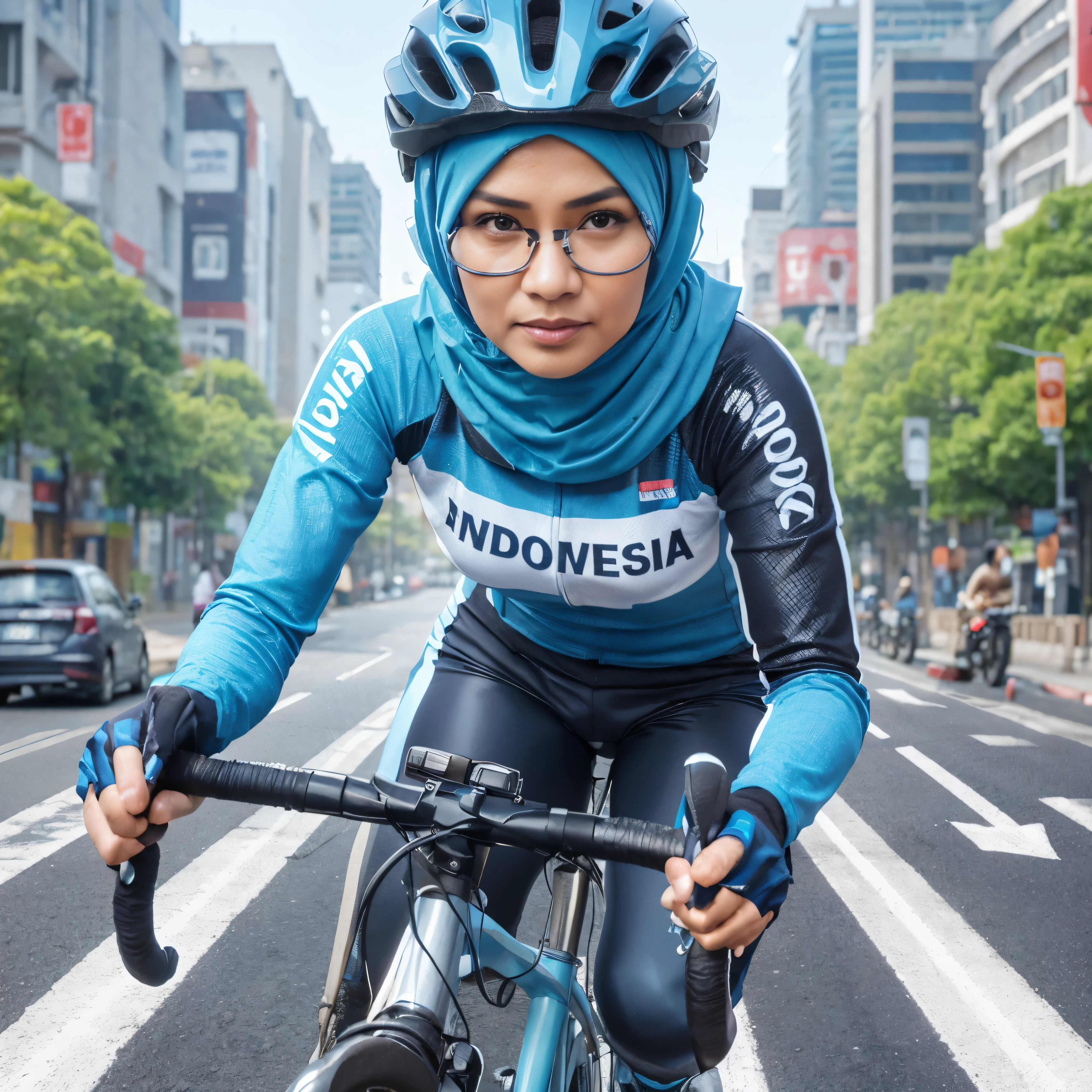 "4D caricature, 40 years old Indonesian woman, wearing hijab, wearing blue bicycle helmet, wearing black and light blue mix long sleeve jersey, wearing bicycle gloves, long pants, riding a roadbike in a turn, on a city street, Indonesian street background, hyper-realistic, high contrast, high color effect, 8K, detail, focus"