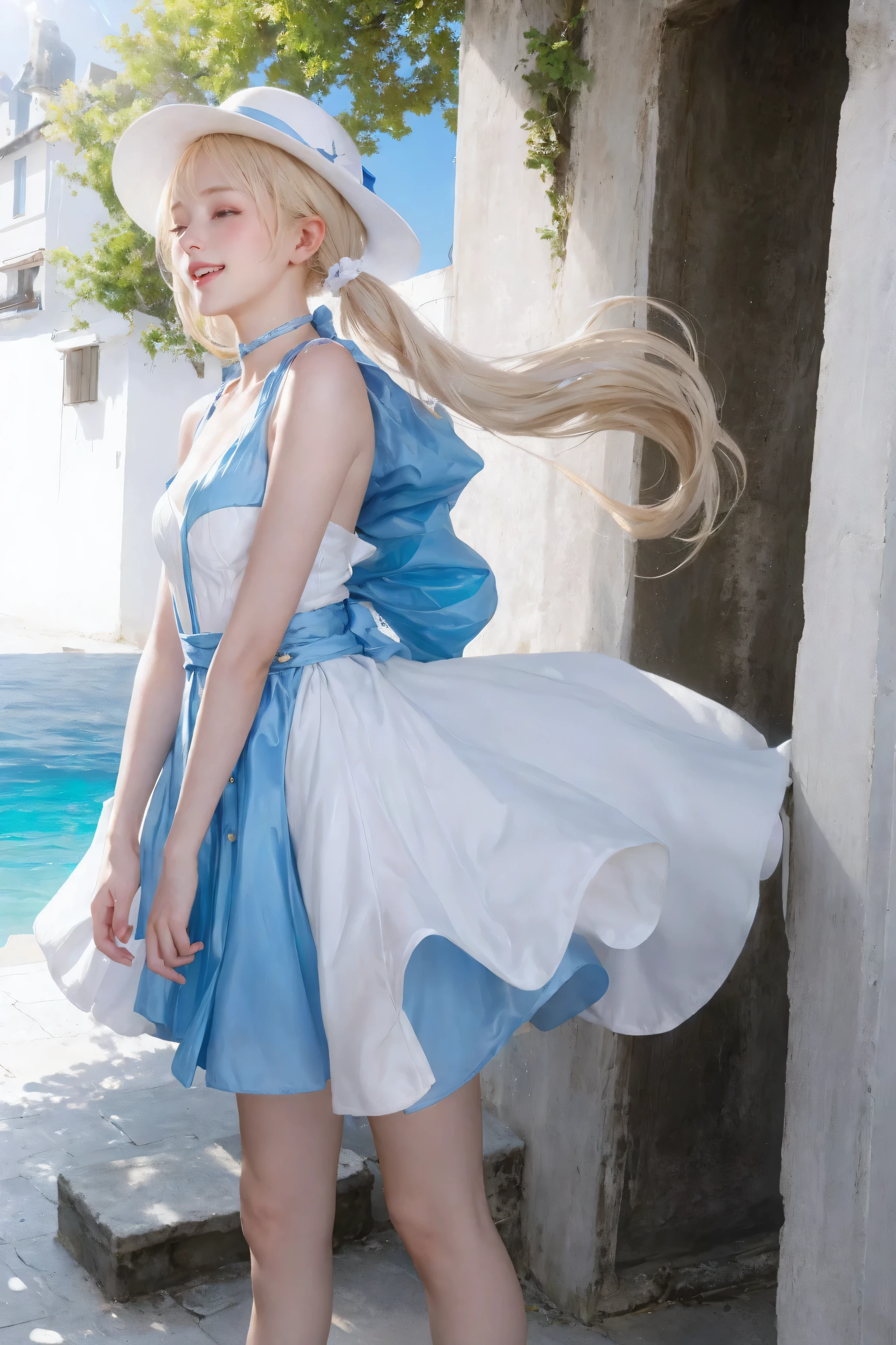 Cute little girl standing on the street of a mediterranean port town,wind,light blonde hair, blue eyes,Very long twin tails,white dress,white hat,blue sky,lol,Double teeth,eyes closed,looking at the audience,lens flare,dramatic, coastal
