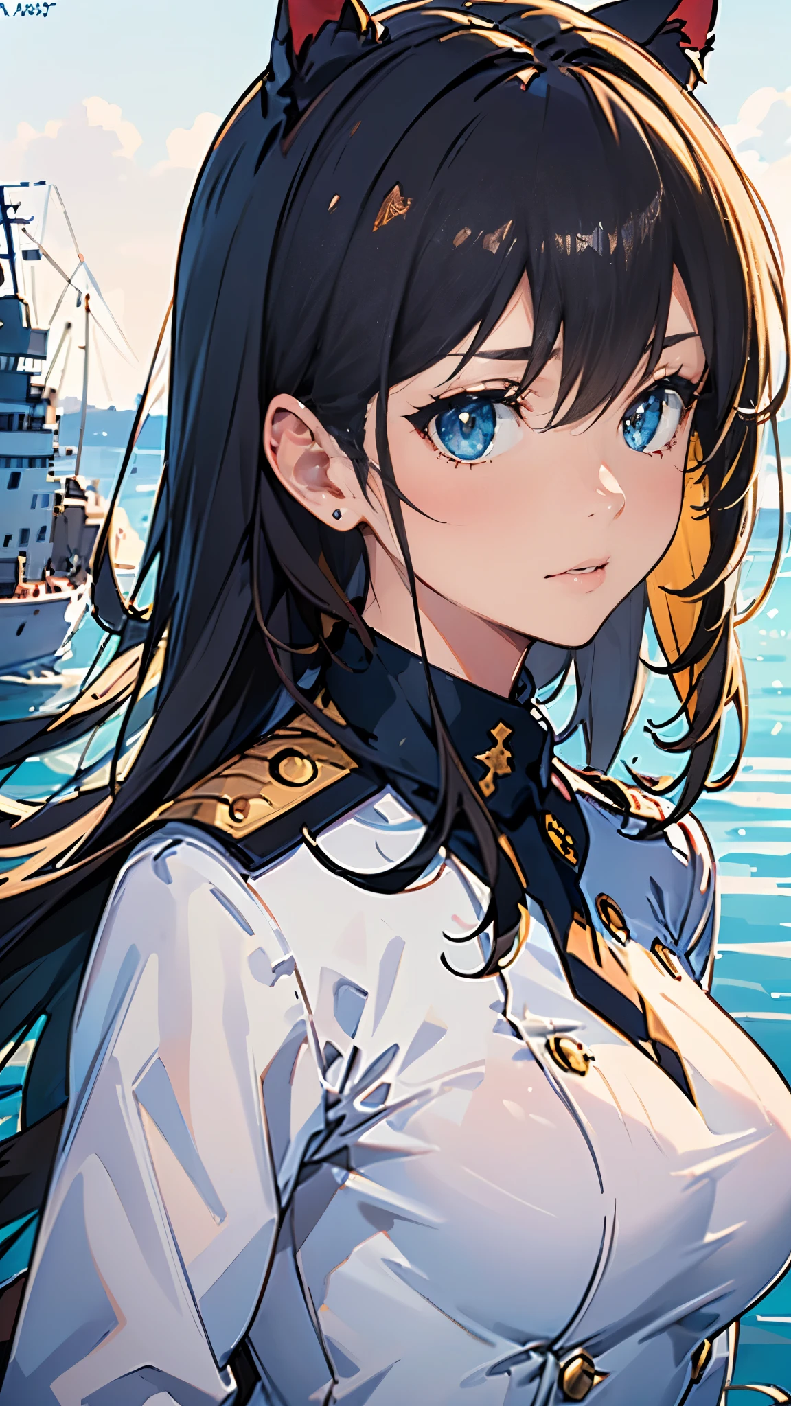 (masterpiece, best quality, RAW photo, intricate details) portrait, headshot, 1girl / Atago / medium dark hair, blues eyes, cat ears, ((wearing white admirals uniform:1.5)), seaport background, blue sky, Azur lane, catgirl,