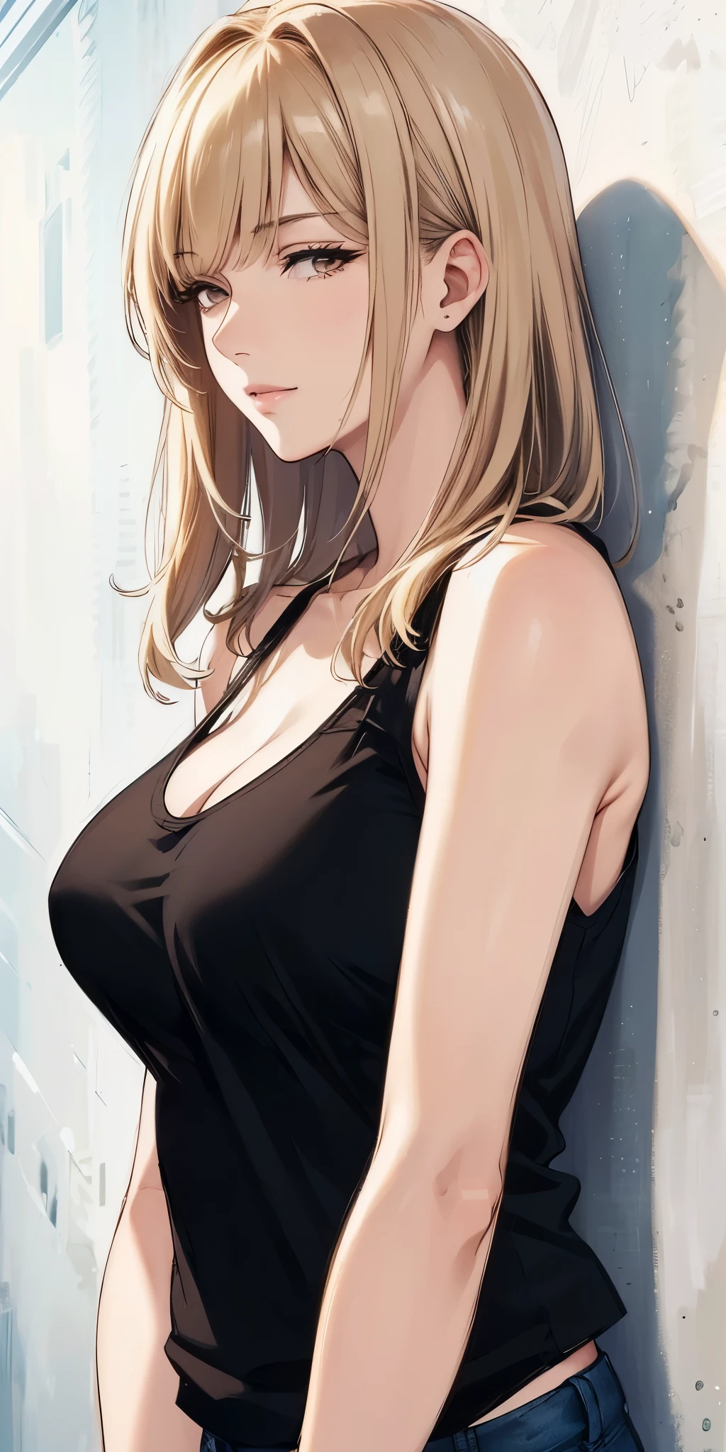 (best quality, highres), portrait, upper body, cool type adult woman, long hair, swept-side bangs, [[[brown hair]]], blonde hair, brown eyes, tank top, plain wall, ultra detailed cg