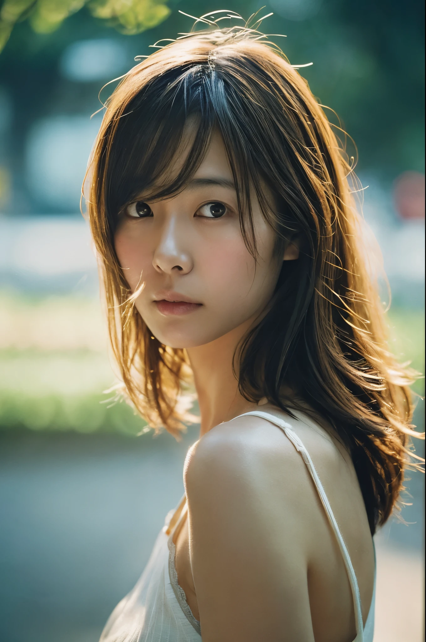 movie, film portrait photography, Skinny Japanese woman, 30 years old, bare shoulders, wavy shoulder-length hair, Calm, (realistic detailed eyes, natural skin texture, realistic facial details), soft and dramatic lighting, Depth of bounds written, Bokeh, vivid details, in detail, surreal, 35mm film, hazy blur