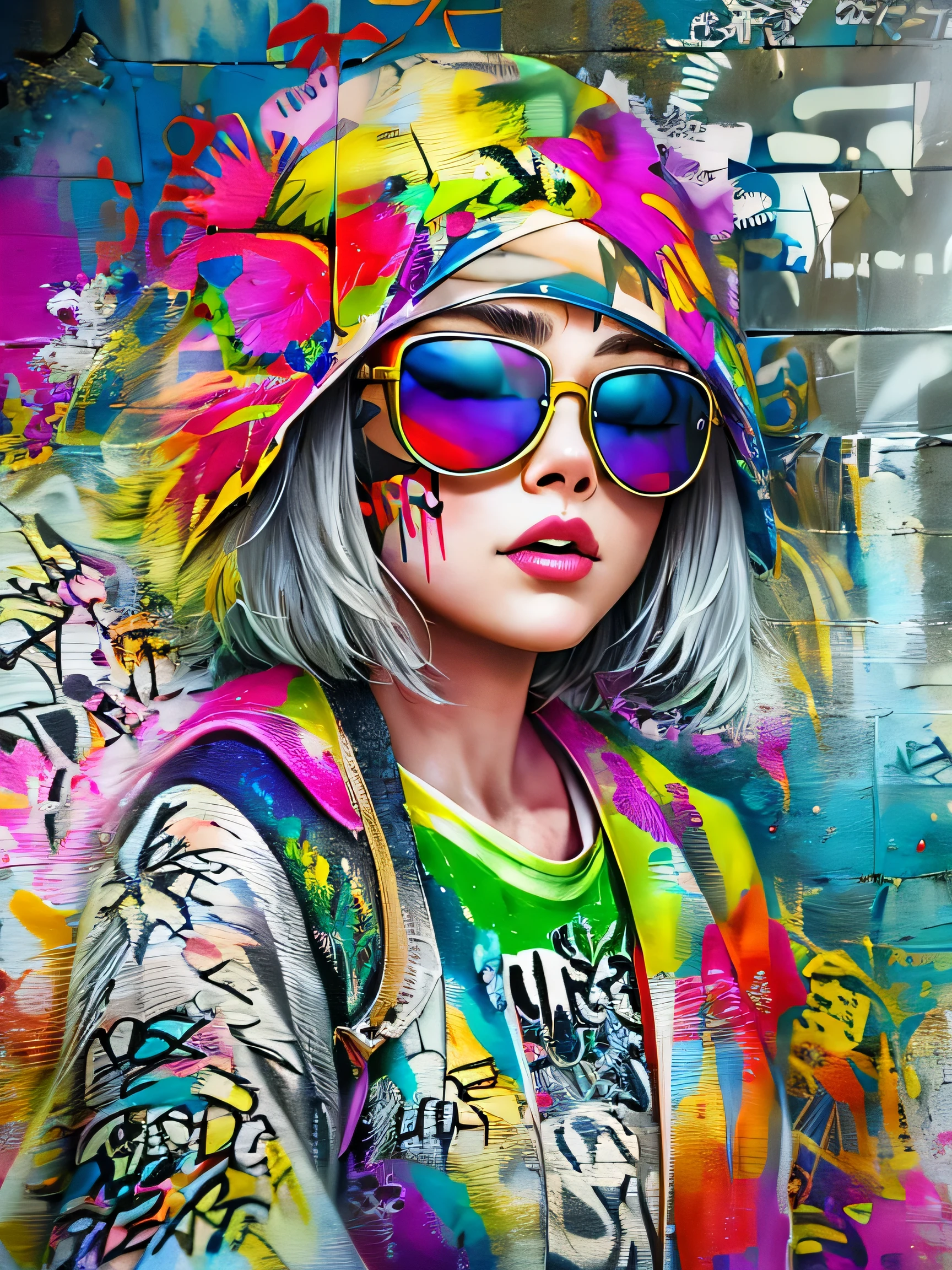 8K quality, watercolor painting, stylish design, (((The strongest beautiful girl of all time))), (((Japanese)))、Stylish sunglasses, Fashionable hats, (((highest quality))), bob hair, HDR, ((Detailed details)), skull fashion, detailed clothing texture, (((graffiti art))), colorful hair, ((masterpiece))、((Super detailed))、colorful flowers