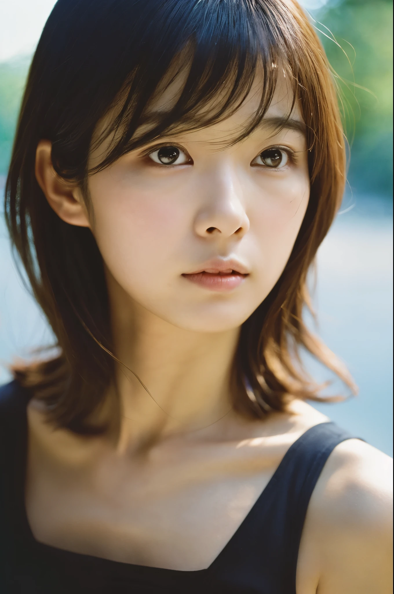 movie, film portrait photography, Skinny Japanese woman, 30 years old, bare shoulders, wavy shoulder-length hair, Calm, (realistic detailed eyes, natural skin texture, realistic facial details), soft and dramatic lighting, Depth of bounds written, Bokeh, vivid details, in detail, surreal, 35mm film, hazy blur