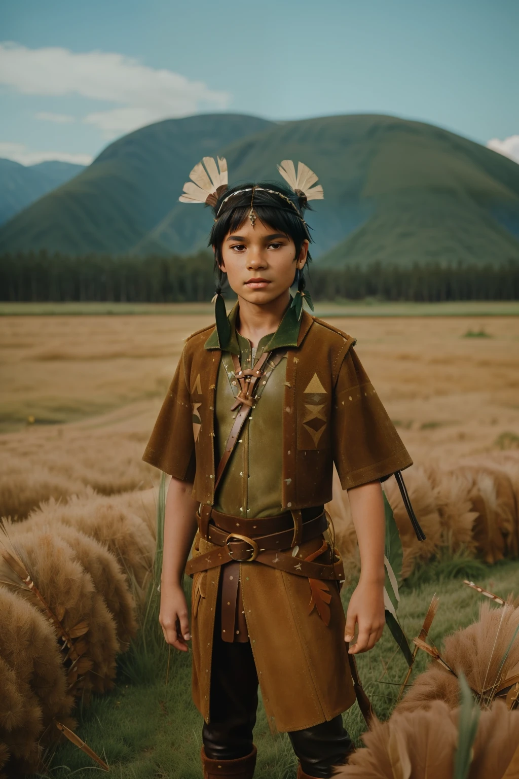 Fairytale Kingdom of Fantasia. ((((10-year-old)) Atreyu)), olive green skin, athletic, brave, wise, in a field of tall grass. ((((suede and leather indigenous clothings)))), ((blueish-black hairstyle))