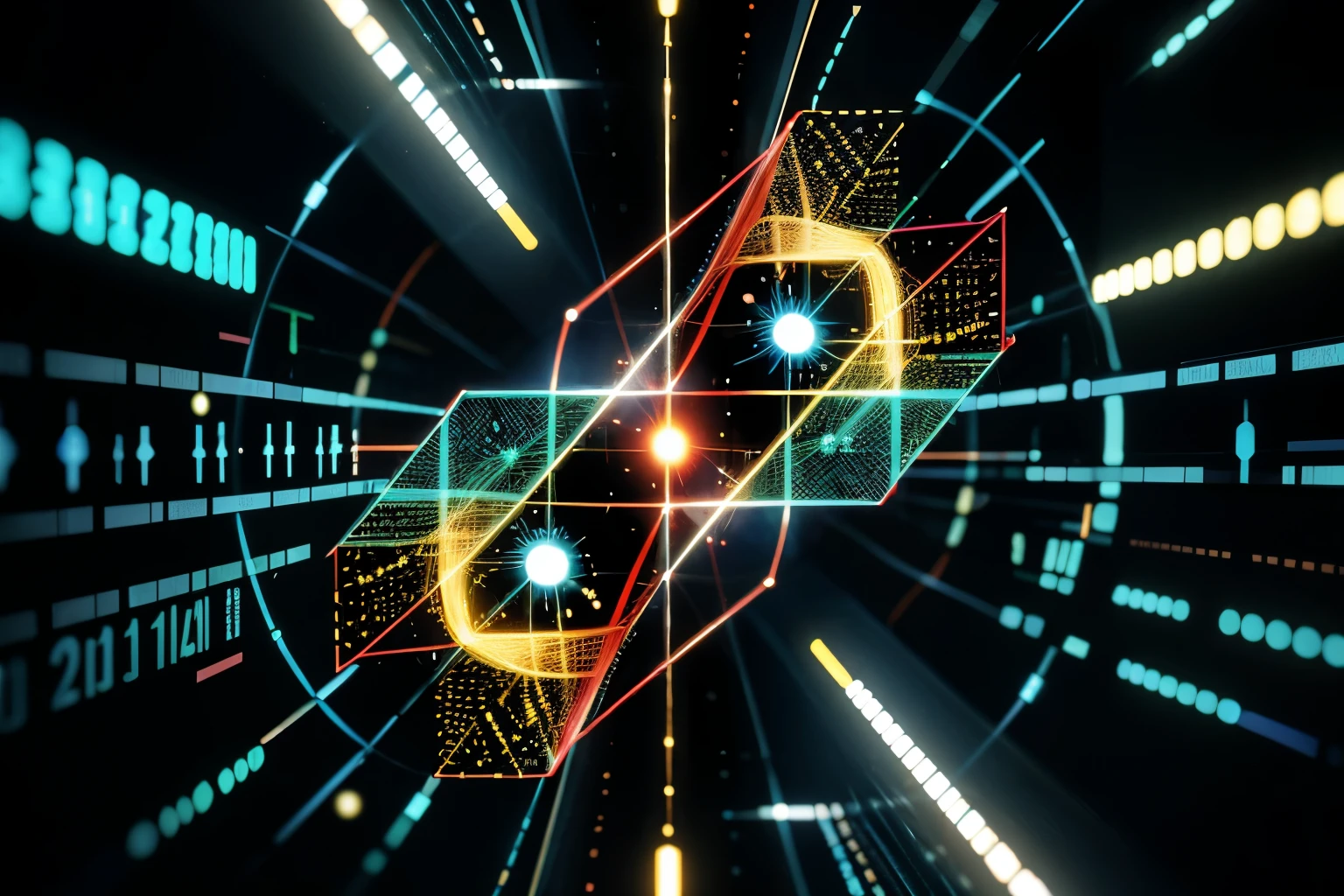 An abstract representation of quantum cryptography, featuring entangled particles and secure communication channels.