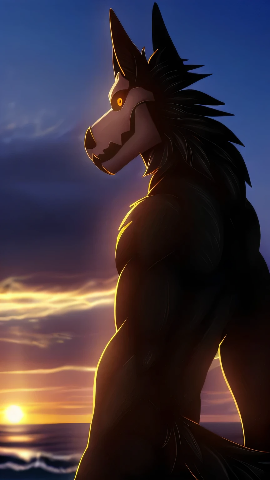 Puro, back view, on a cliff, spear on back, ass, happy, night