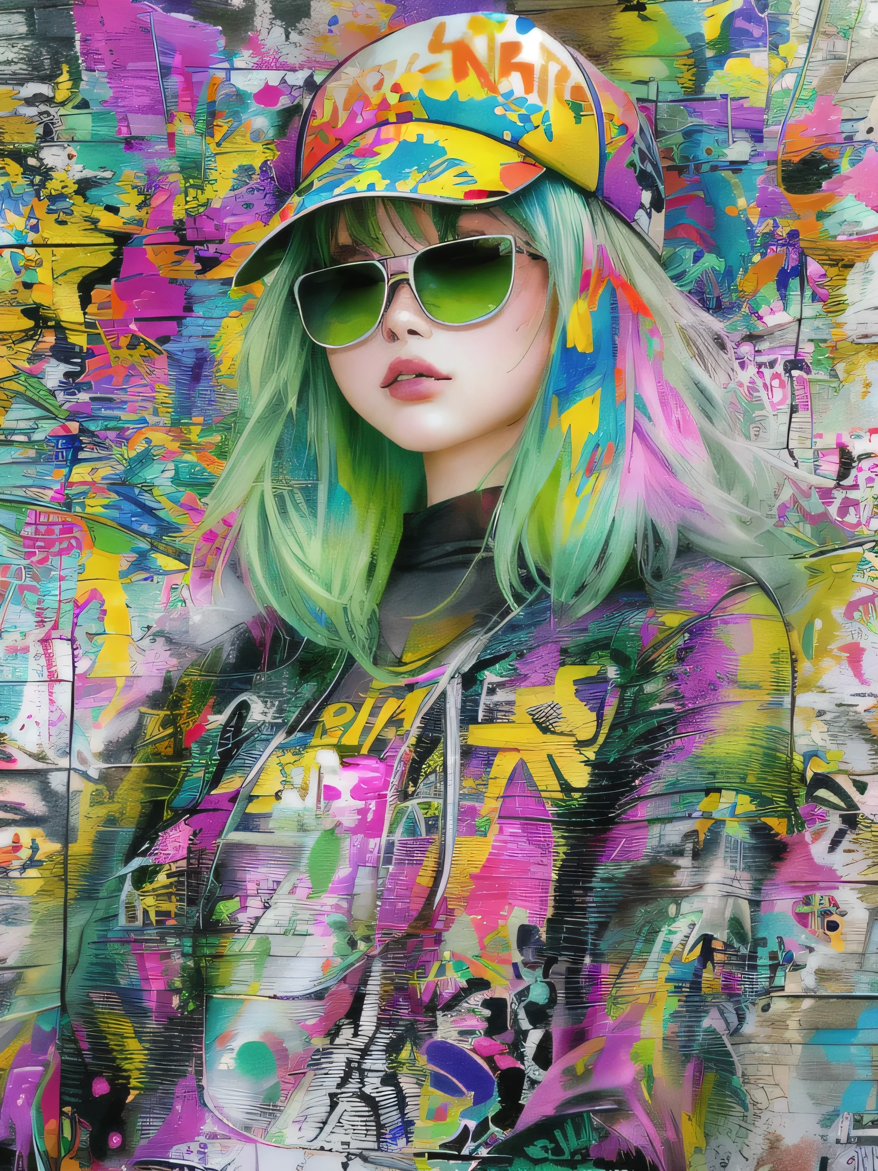 8K quality, watercolor painting, stylish design, (((The strongest beautiful girl of all time))), (((Japanese)))、Stylish sunglasses, Fashionable hats, (((highest quality))), bob hair, HDR, ((Detailed details)), skull fashion, detailed clothing texture, (((graffiti art))), colorful hair, ((masterpiece))、((Super detailed))、colorful flowers、The eyes are wide open