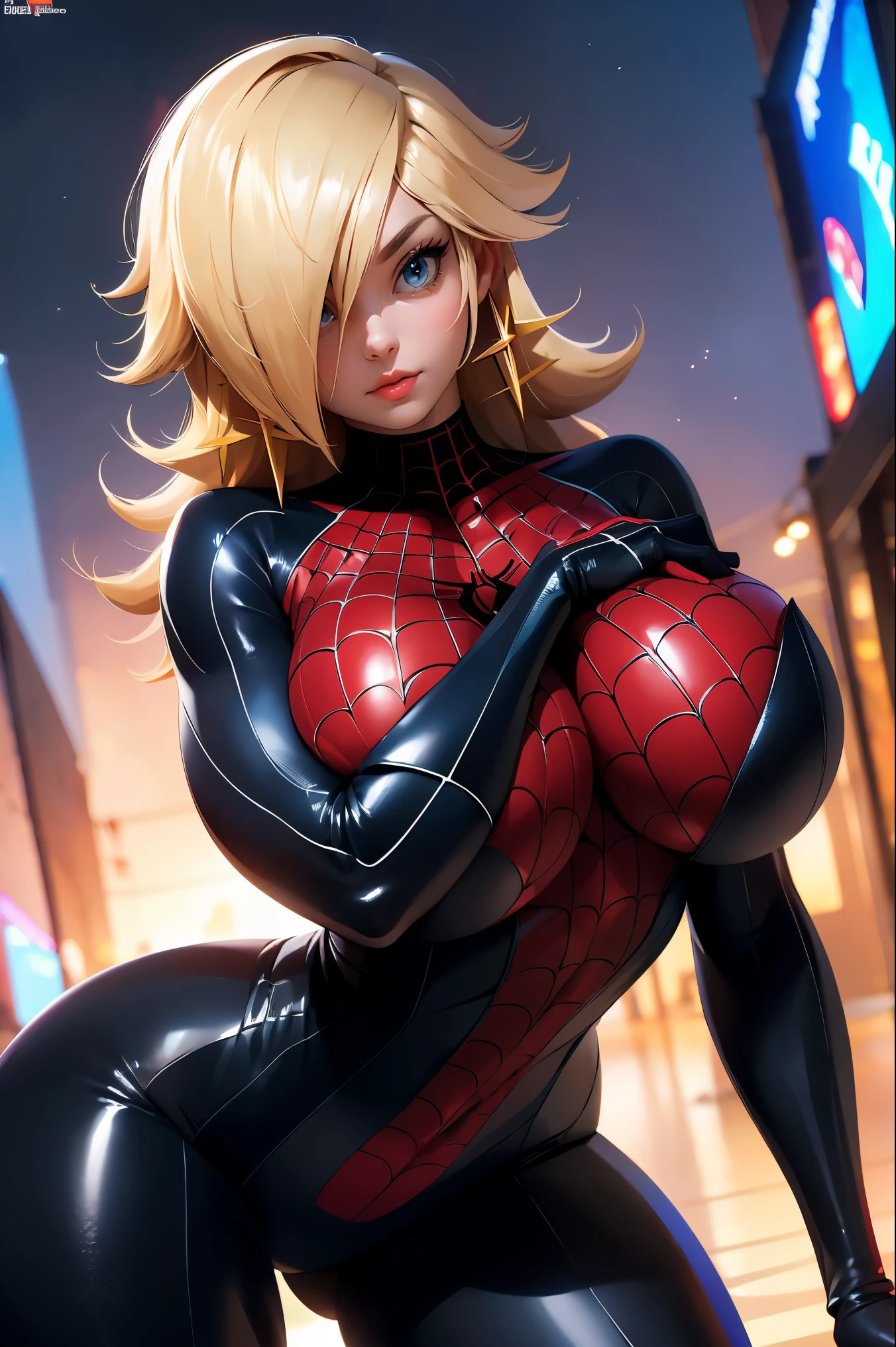 (best quality). (Ultra Detalhado). (1girl), Olhando para o Viewer. (Antecedentes detalhados). belos olhos detalhados. rosto delicado e bonito. (high saturation),  grandes, droopy breasy Spidermcostume, (((gigantic breasts))), 