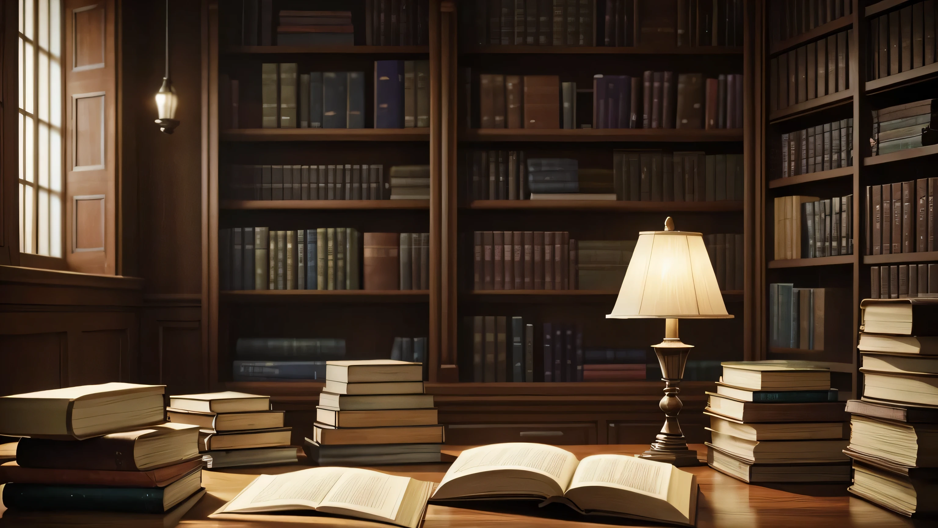 Calm library、There are many books piled up on the table.、there's no one here、Gentle light、High resolution
