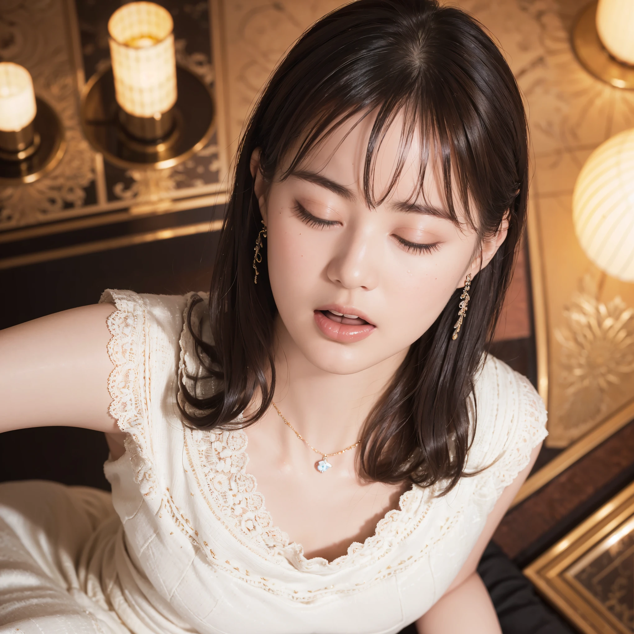 Beautiful woman sitting on a bed in a luxury hotel, pressing for a kiss, gazing lovingly, she is wearing a white lace bra, Jutting out chin:1.3, (((face waiting for kiss, point of view, closed eyes:1.3, open mouth, tongue out))), pov,pov:1.2, medium hair、straight hair、bangs, necklace、luxury hotels, (Looking Down from Above:1.8), (upturned eyes :1.5), face close up, RAW photo, (8k、highest quality、masterpiece:1.2)、(intricate details:1.4)、(Photoreal:1.4)、octane rendering、Ultra-detailed complex 3D renderings, soft light in the studio, rim light, vivid details, super detail, realistic skin texture, details face, beautiful detailed eyes, Highly detailed CG Unity 16k wallpaper, compensate, (detailed background:1.2),