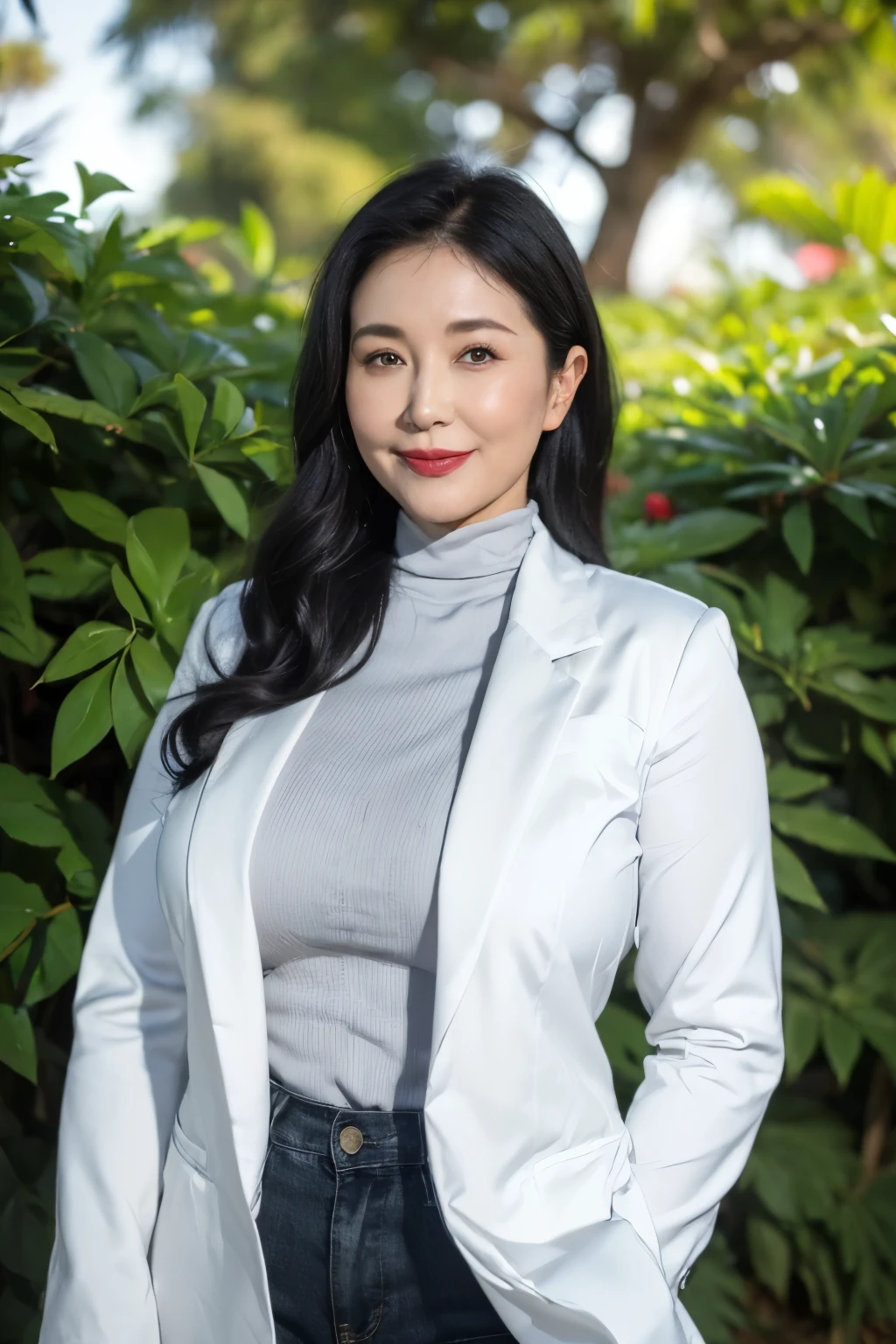 ((top quality、8k、masterpiece:1.3))、sharp focus, High level of image quality, high resolution,,Gray turtleneck shirt,white blazer,black jeans,37-year-old woman with long wavy hair,Mature,charming smile,Draw lips correctly, red lipstick,stand,Chubby body,Big breasts,big breasts,garden background,full-body shot