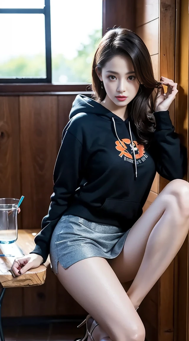 Highly detailed CG Unity 8k wallpaper, highest quality, Super detailed, table top, realistic, photo-realistic, Highly detailed cute girl, 25 years old, ,, whole body, ,big breasts,black eye,hoodie、No bra、mini skirt、beautiful legs、stiletto heels、whole body