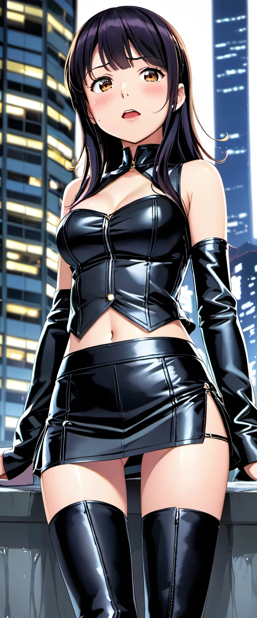 High resolution, adult woman , good lighting, despicable, , (No nudity), (((レザータイトmini skirt))), ((tight leather top)), (((leather thigh high boots))), (garter belt), abdomen only, (wet shorts), , cute face, I'm embarrassed and blush, humiliating, ((spread your legit))(T-back)night、city