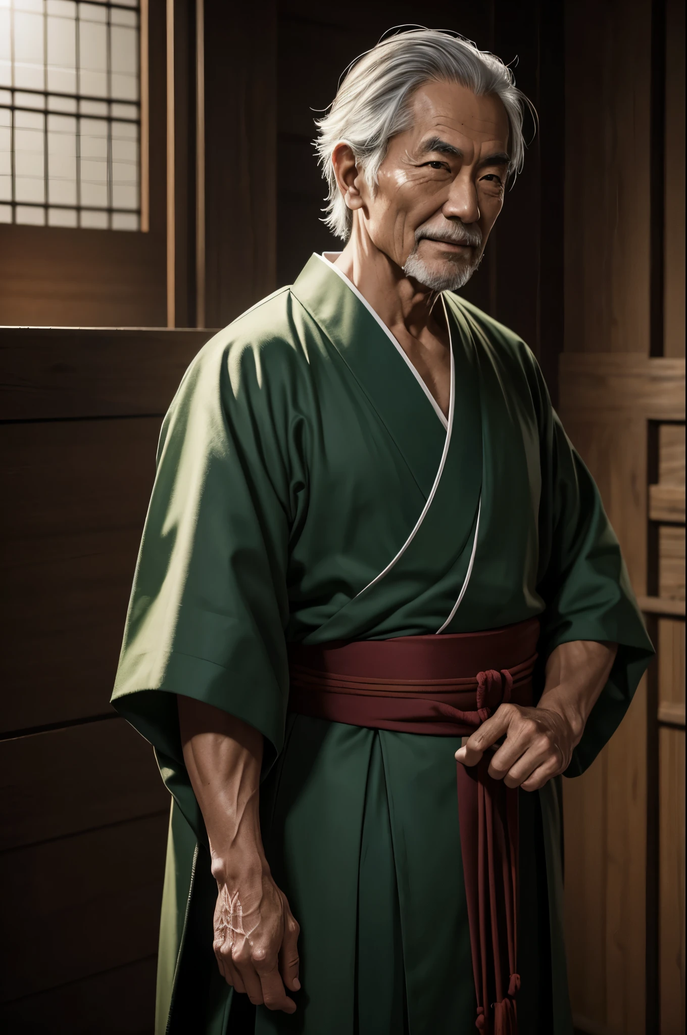 8K,Wearing a green and black Japanese kimono、白いひげを生やしたmuscular slim bodyの老人男性, potter,style sacristy water, An old man with long gray hair tied back,close-up character portrait, low length,muscular slim body,Stanley Artgerm Rau, wearing old samurai clothes, masterpiece,Photorealistic RAW photos of the highest quality。bright colors,rich colors, Backlight, cinematic lighting, film grain, to be born, 50mm lens, Nikon D850,detailed character art,fantasy art,ultra high resolution,super realistic skin,perfect hand shape,stand on rough ground,innocent smile,Old Man(80 years old),comical pose,