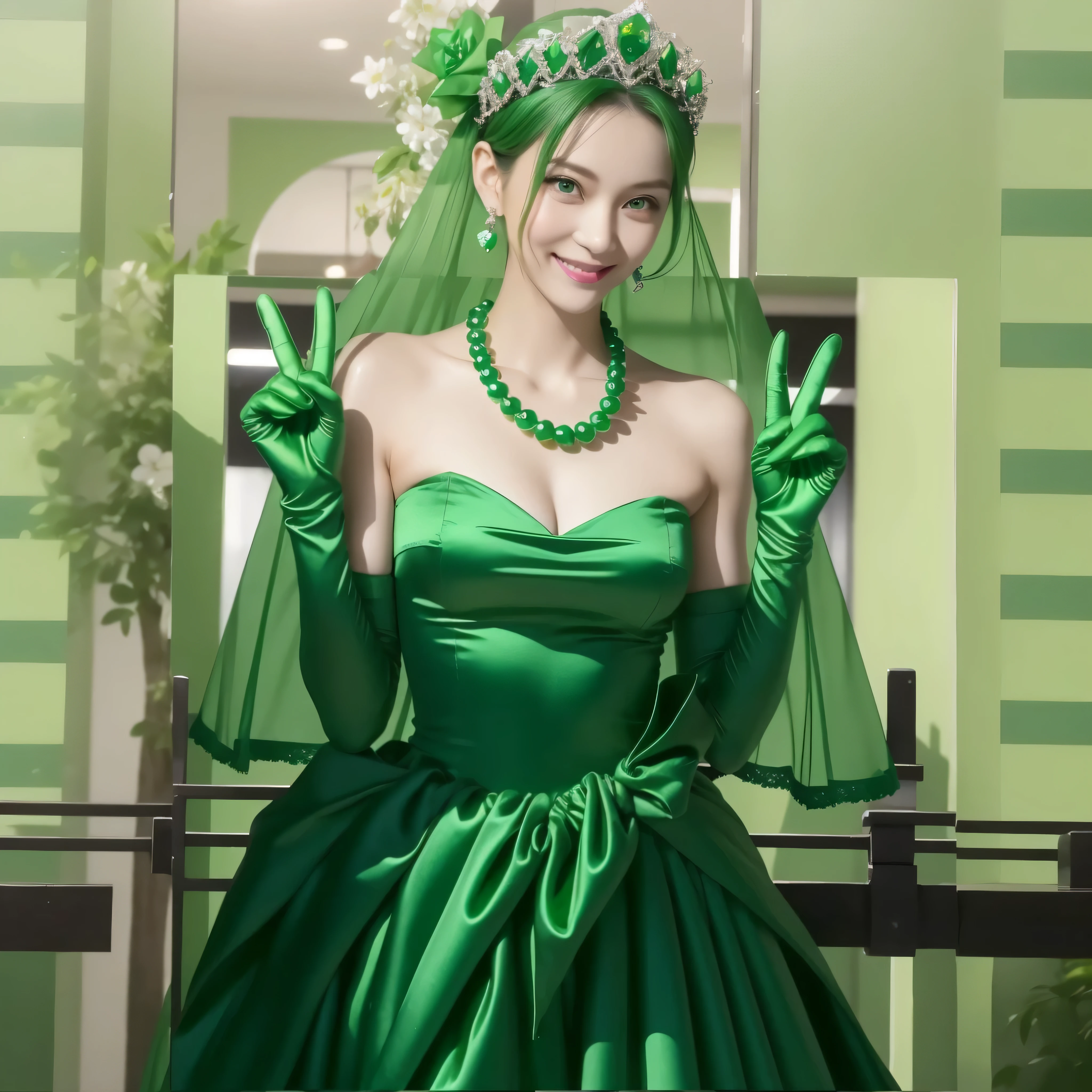 Beautiful Japan woman in her 30s， finger details， beautiful hands，emerald tiara, Green Pearl Necklace, Boyish green berry short hair, lipstick, smiling Japanese woman, very short hair, big breasts beautiful, green eyes, green satin long gloves, green eyes, emerald earrings, Green veil, v sign