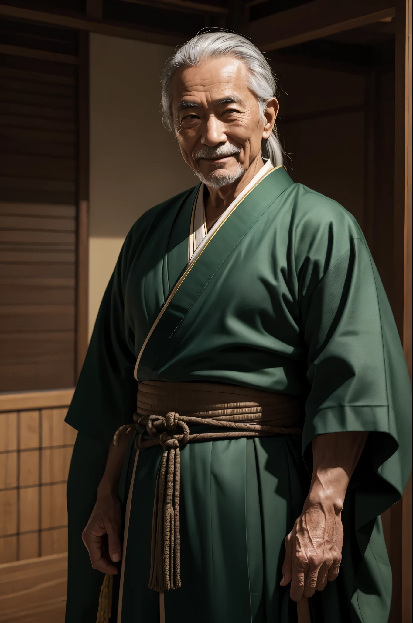 8K,Wearing a green and black Japanese kimono、白いひげを生やしたmuscular slim bodyの老人男性, potter,style sacristy water, An old man with long gray hair tied back,close-up character portrait, low length,muscular slim body,Stanley Artgerm Rau, wearing old samurai clothes, masterpiece,Photorealistic RAW photos of the highest quality。bright colors,rich colors, Backlight, cinematic lighting, film grain, to be born, 50mm lens, Nikon D850,detailed character art,fantasy art,ultra high resolution,super realistic skin,perfect hand shape,stand on rough ground,innocent smile,Old Man(80 years old),comical pose,