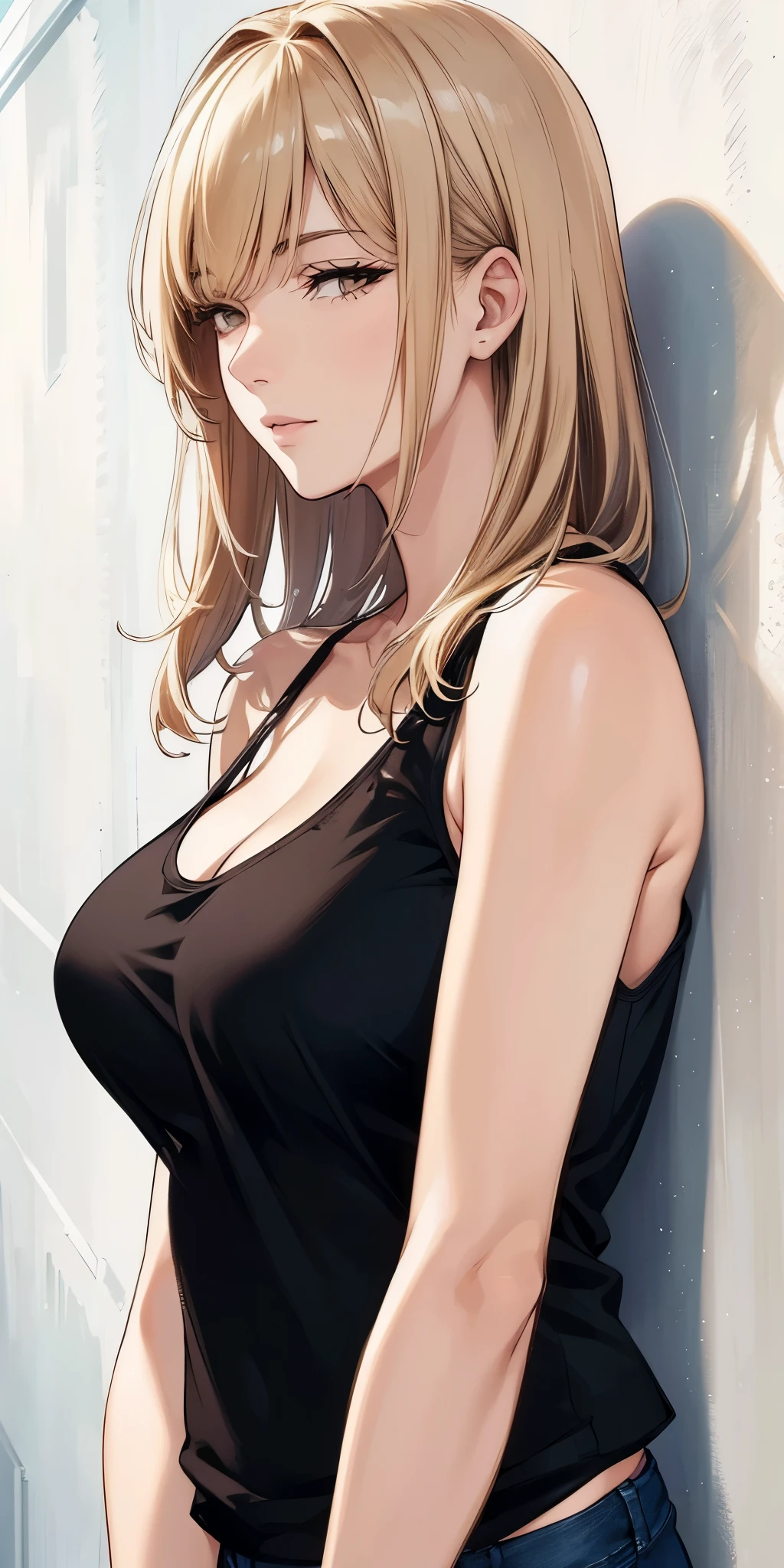 (best quality, highres), portrait, upper body, cool type adult woman, long hair, swept-side bangs, [[[brown hair]]], blonde hair, brown eyes, tank top, plain wall, ultra detailed cg