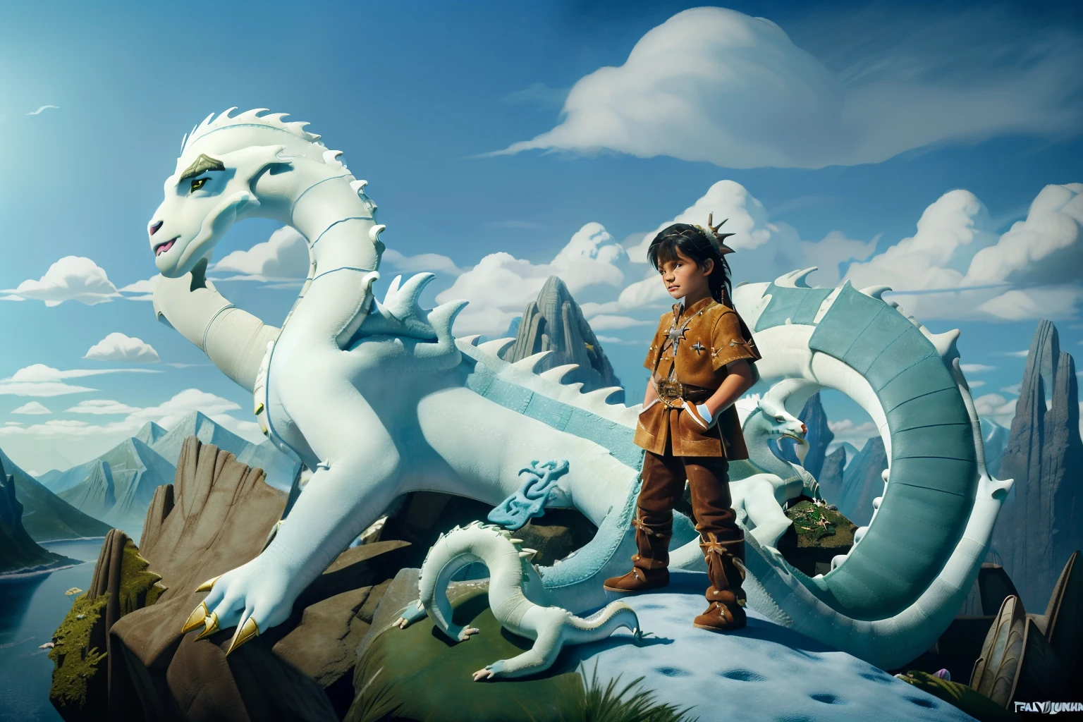 Fairytale Kingdom of Fantasia. ((((10-year-old)) Atreyu)), olive-green skin, athletic, brave, wise, in a rocky mountain, riding on top of ((((Falkor the white Luck Dragon)))). ((((suede and leather indigenous clothings)))), ((bluish-black hairstyle))